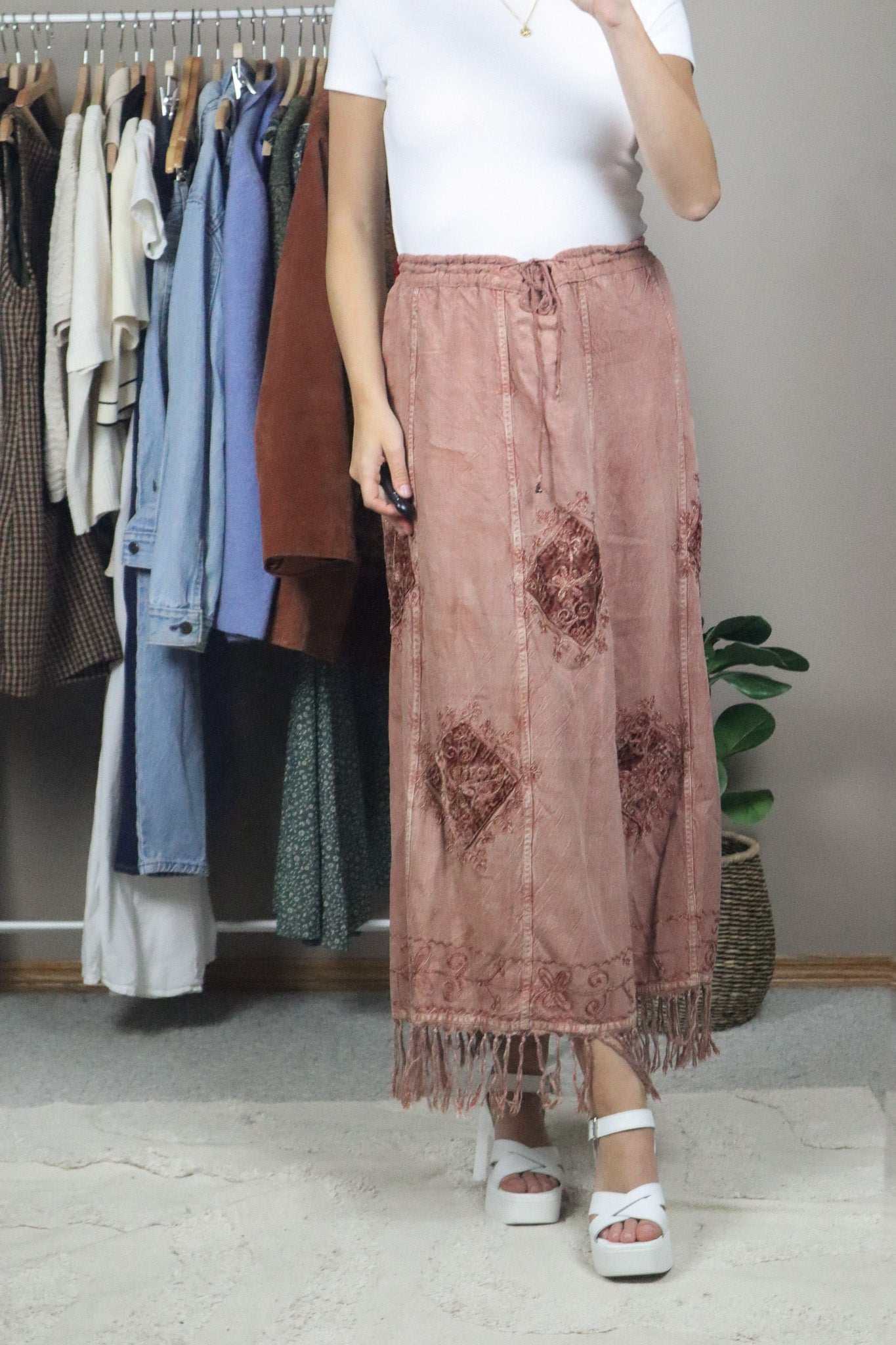 Vintage x Embroidered Fringe Maxi Skirt (M/L)