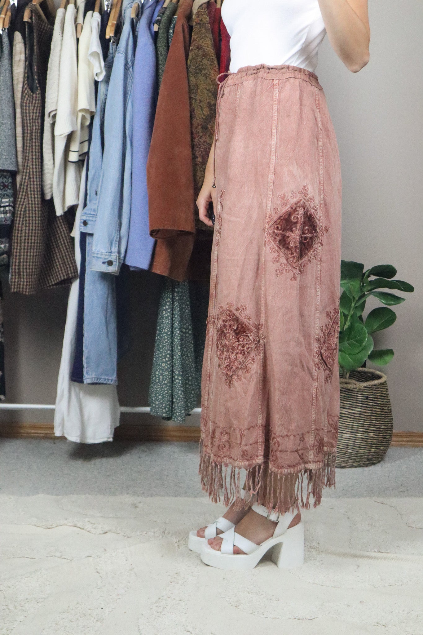 Vintage x Embroidered Fringe Maxi Skirt (M/L)