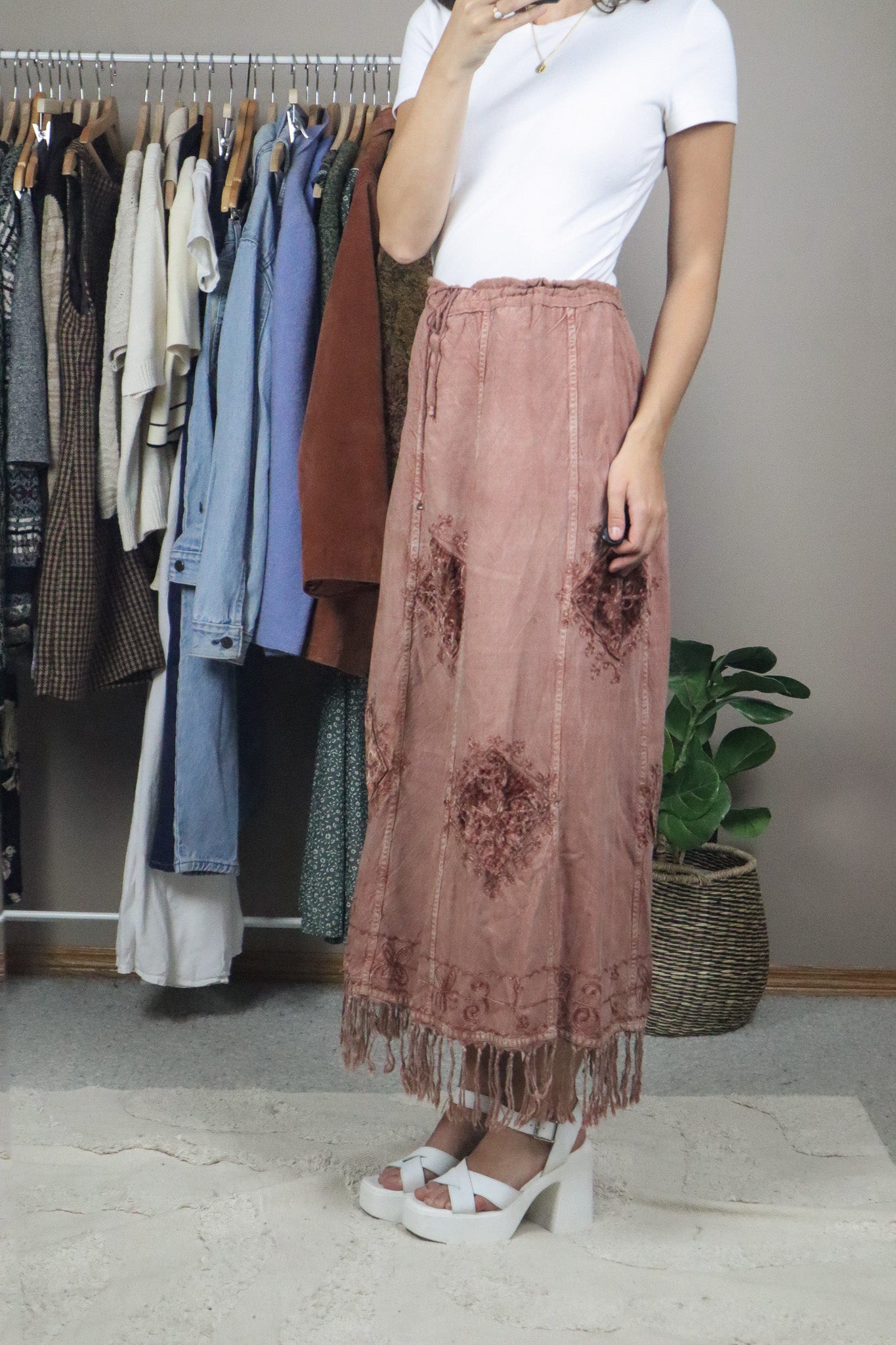 Vintage x Embroidered Fringe Maxi Skirt (M/L)