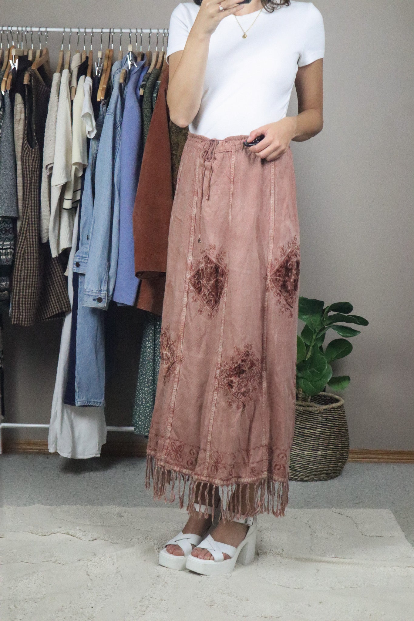 Vintage x Embroidered Fringe Maxi Skirt (M/L)