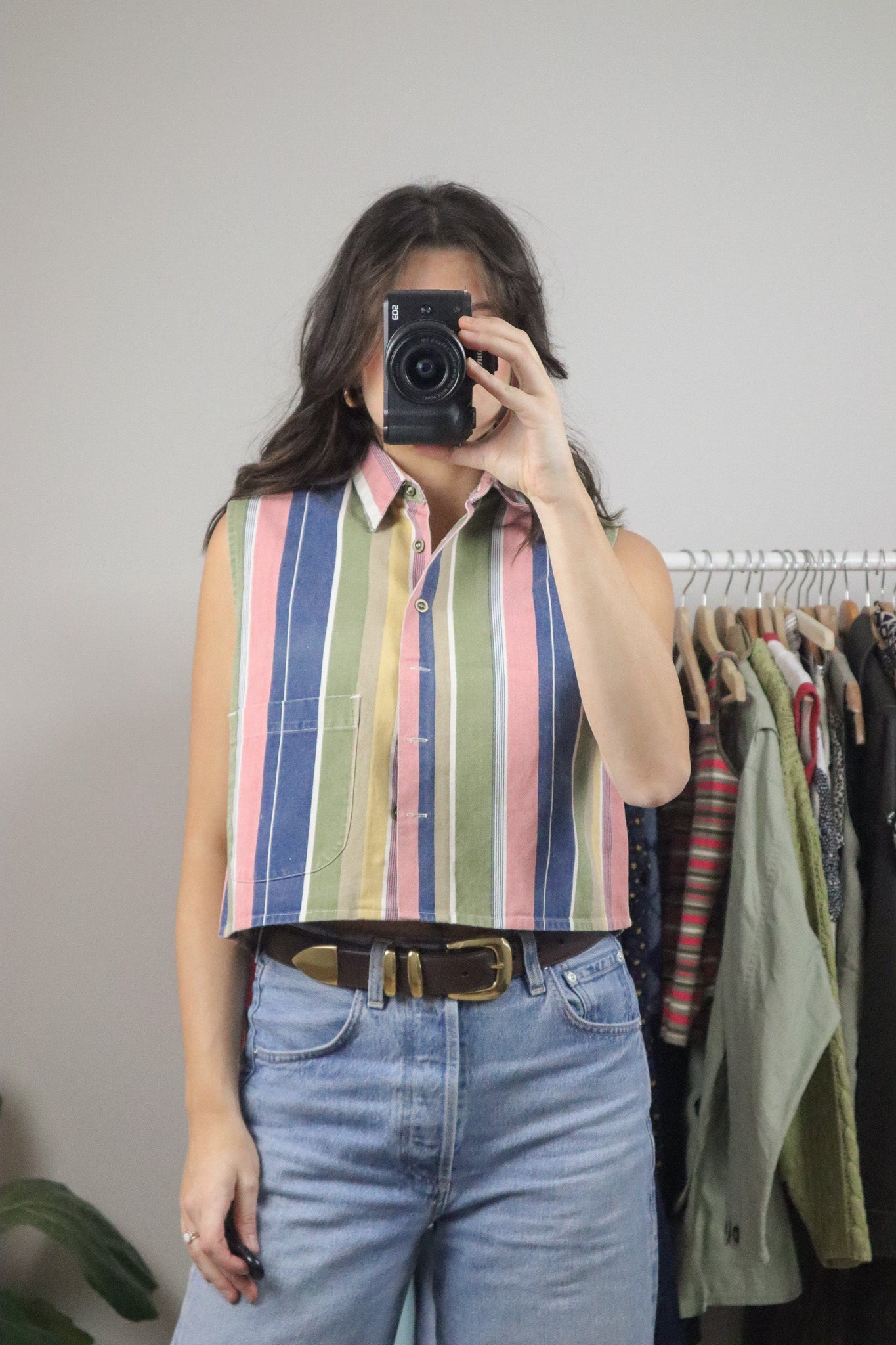 Vintage x Cotton Cropped Striped Button Tank (S/M)