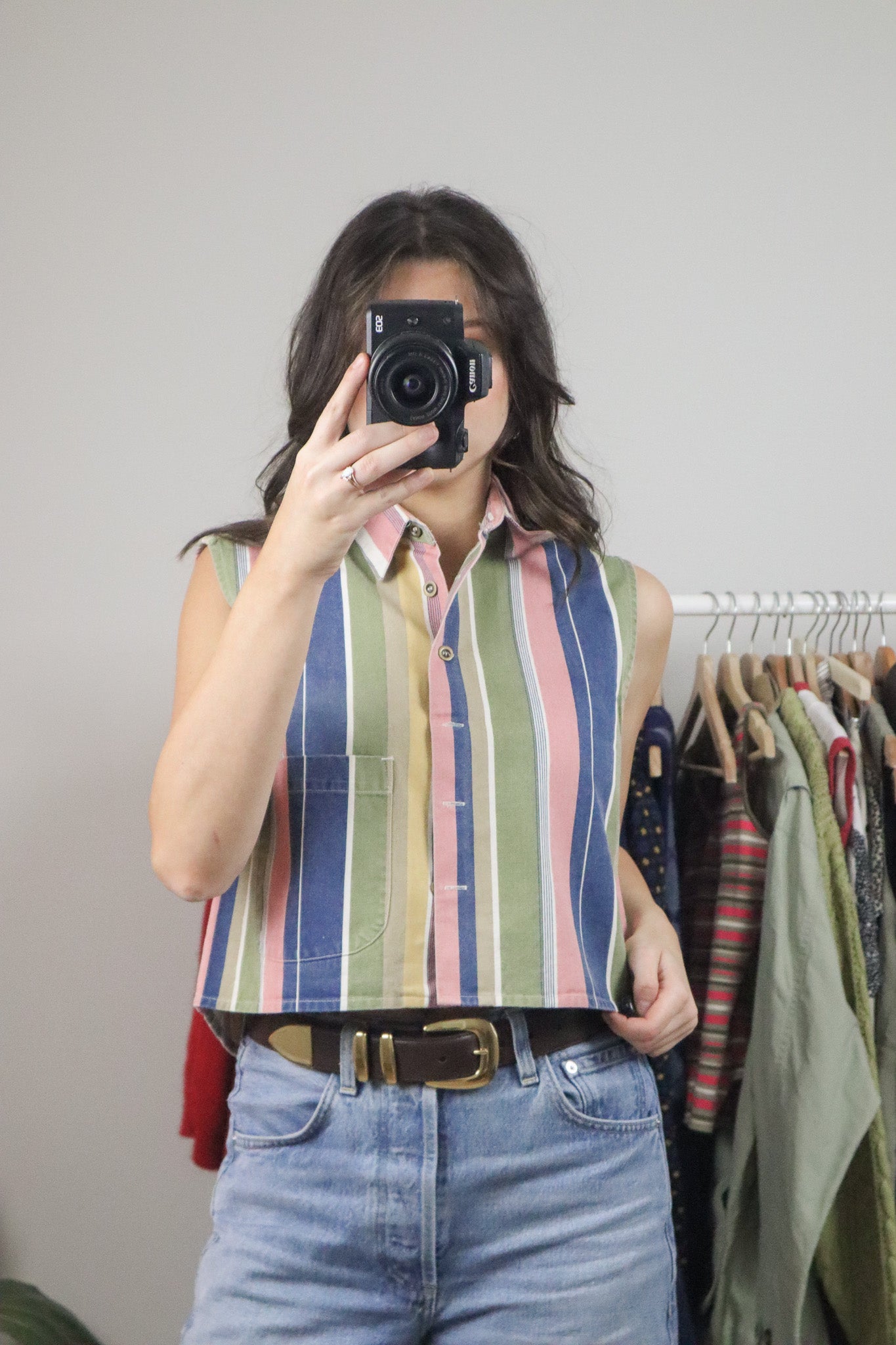 Vintage x Cotton Cropped Striped Button Tank (S/M)