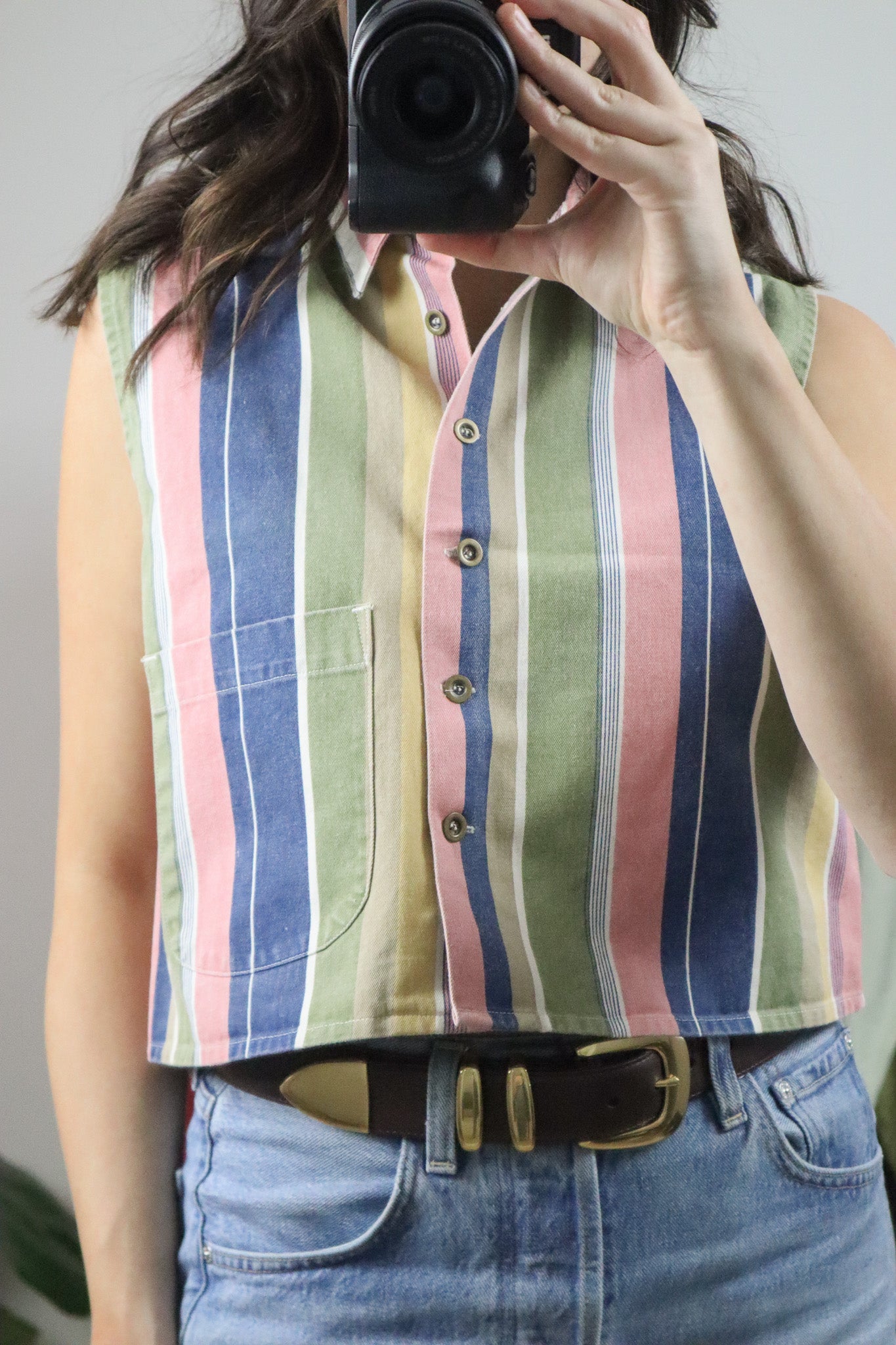 Vintage x Cotton Cropped Striped Button Tank (S/M)