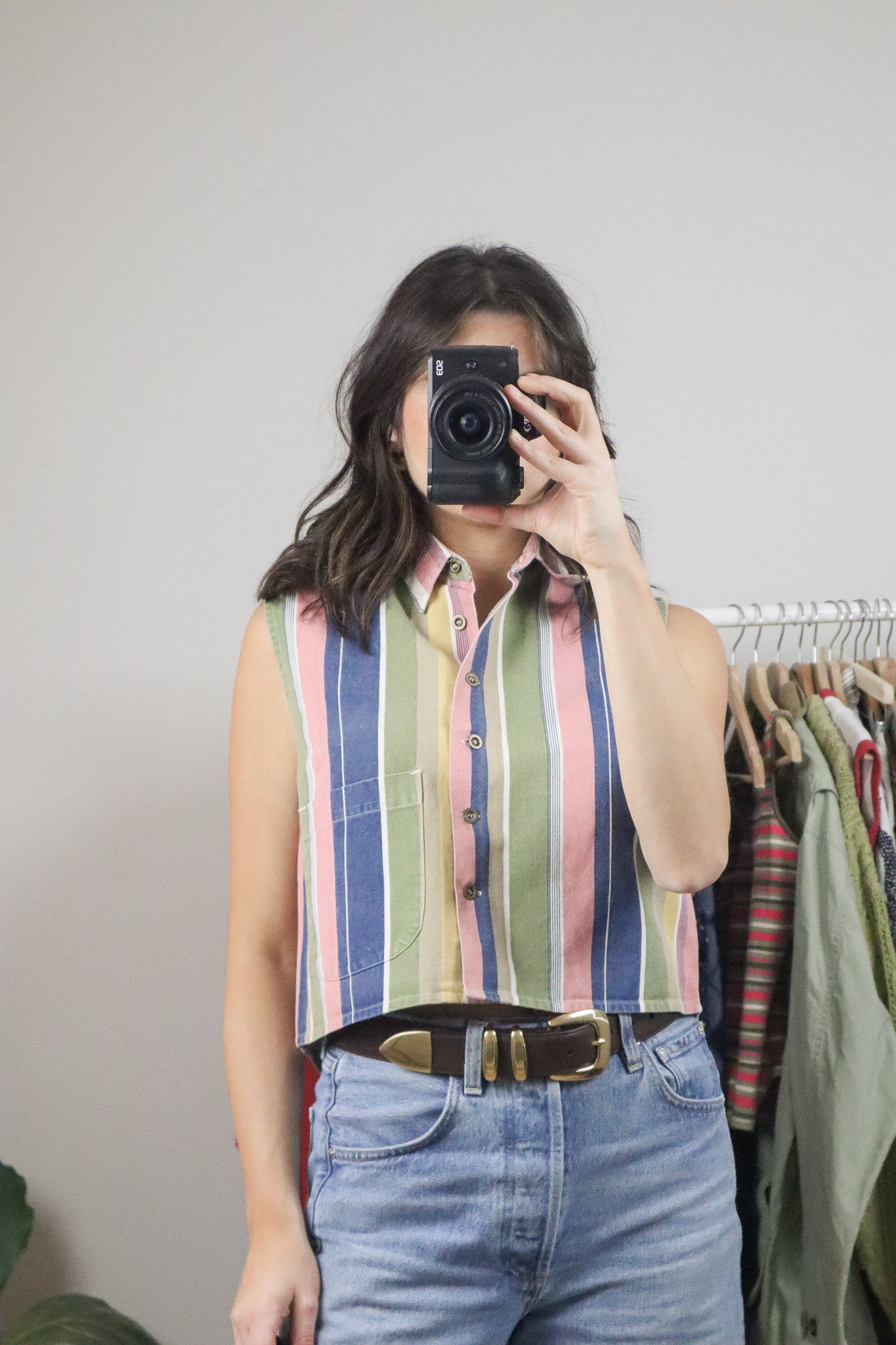 Vintage x Cotton Cropped Striped Button Tank (S/M)