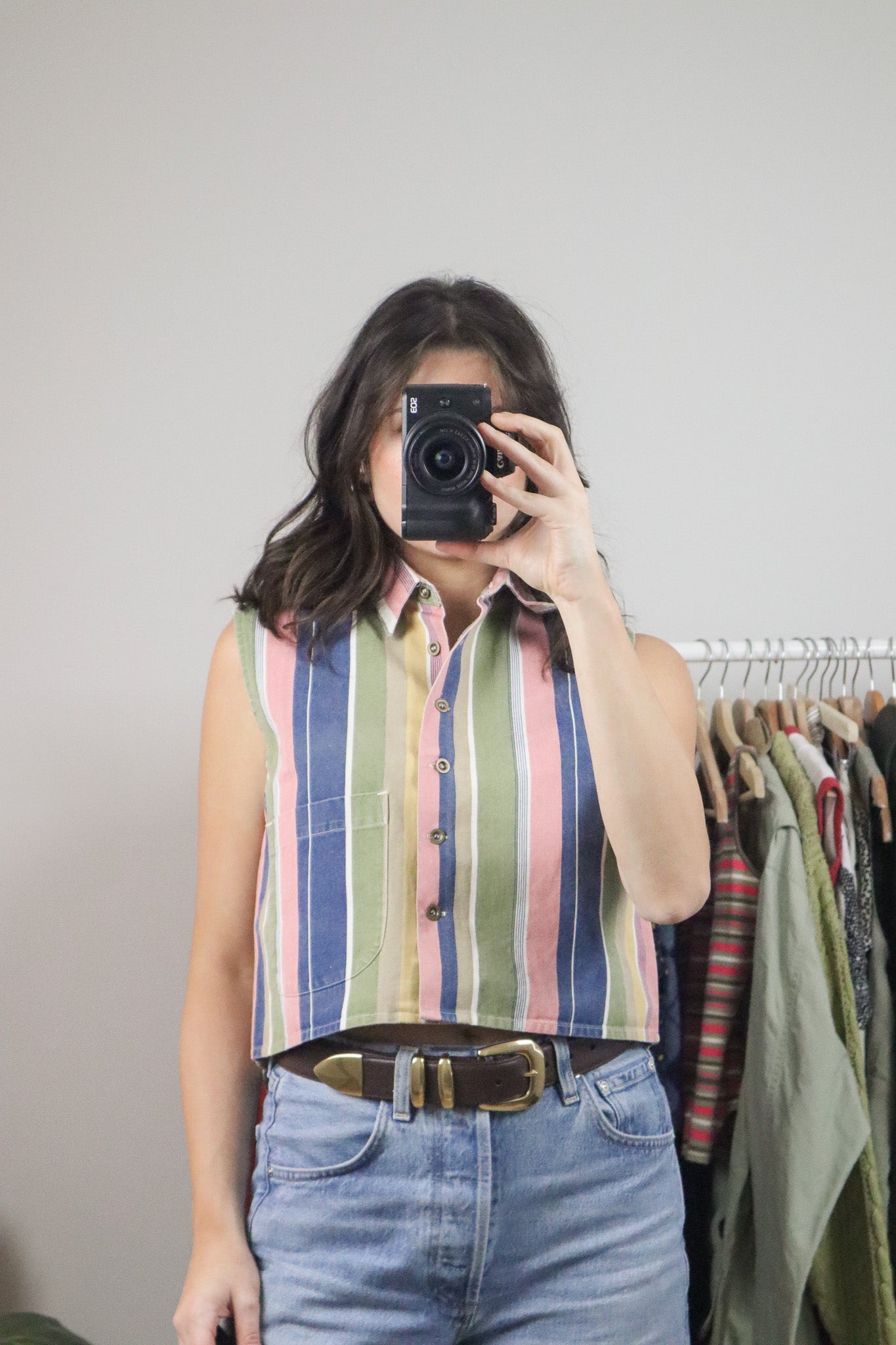 Vintage x Cotton Cropped Striped Button Tank (S/M)