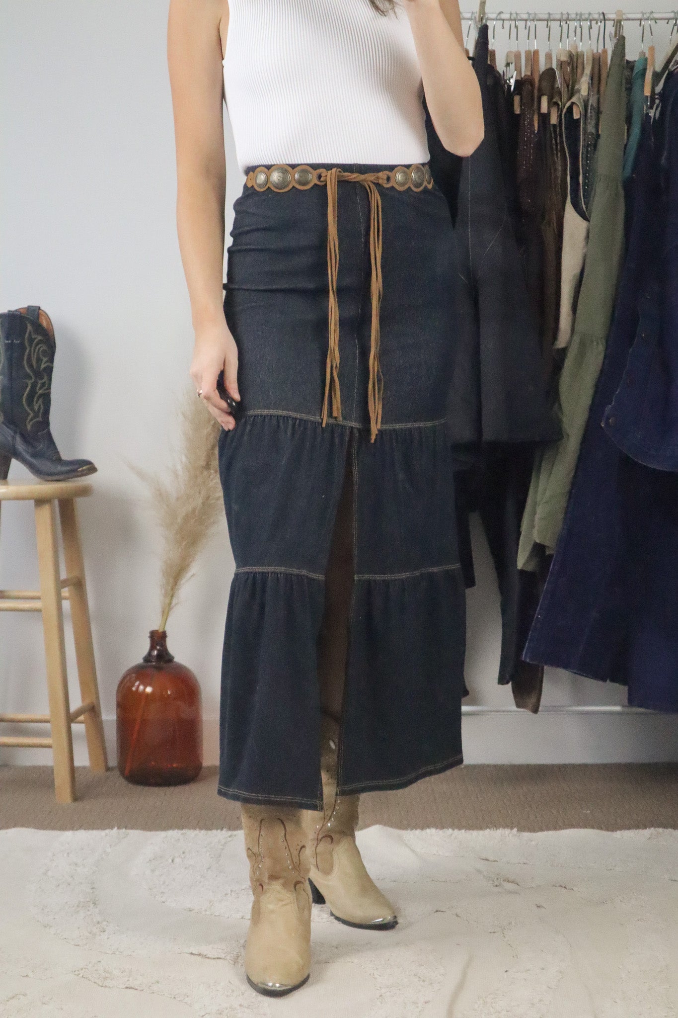 Made in USA x Vintage x Denim Belted Skirt (XS)