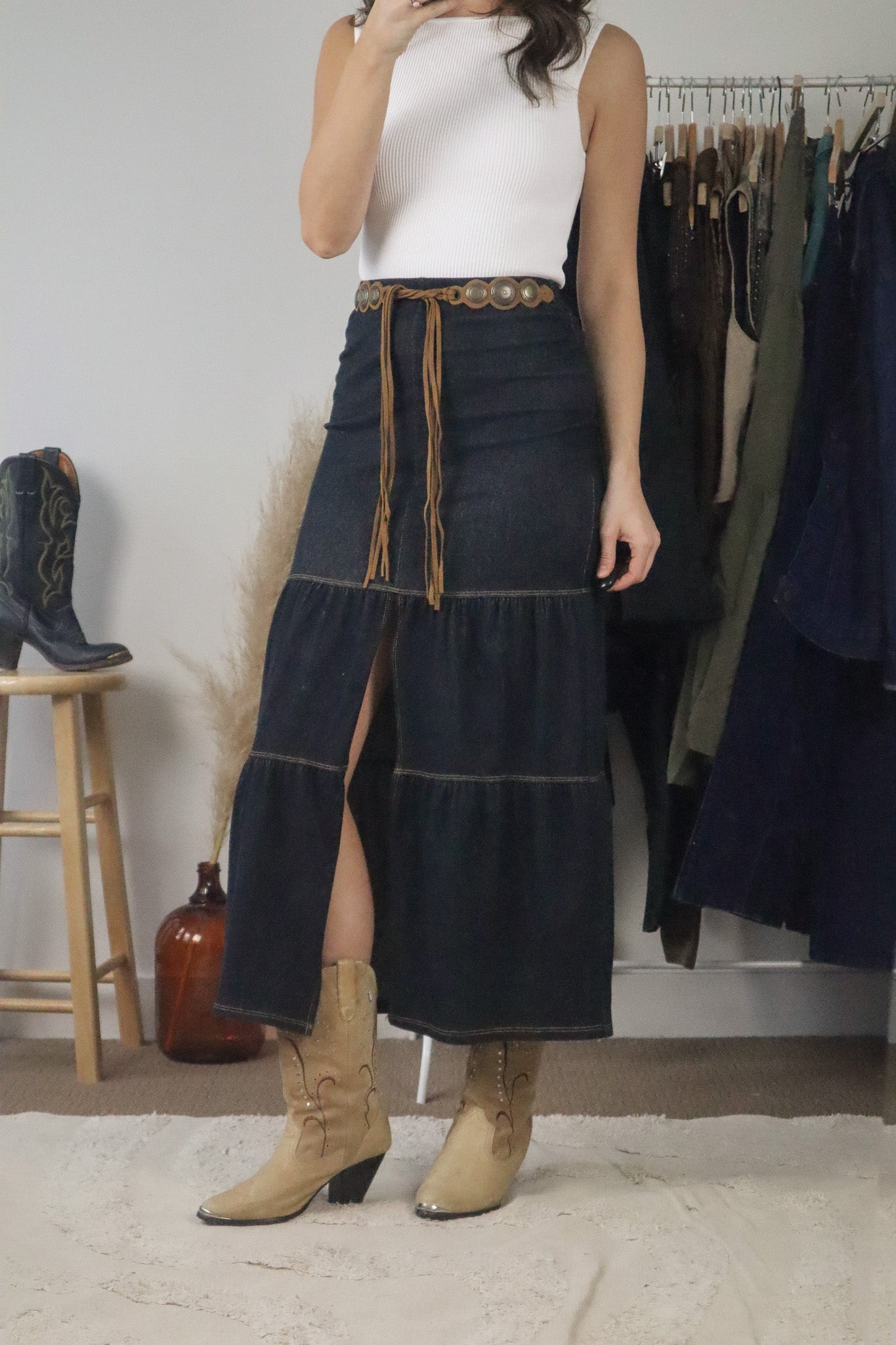 Made in USA x Vintage x Denim Belted Skirt (XS)