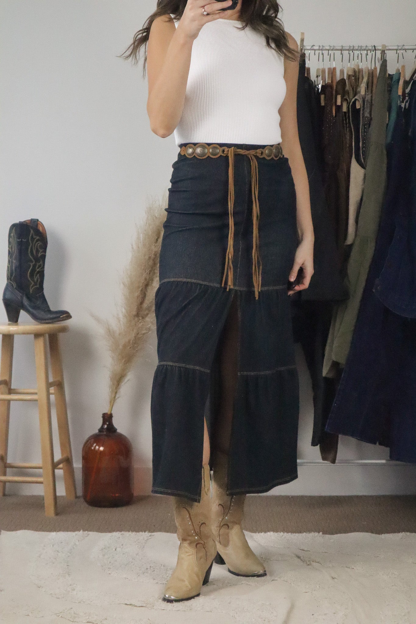 Made in USA x Vintage x Denim Belted Skirt (XS)