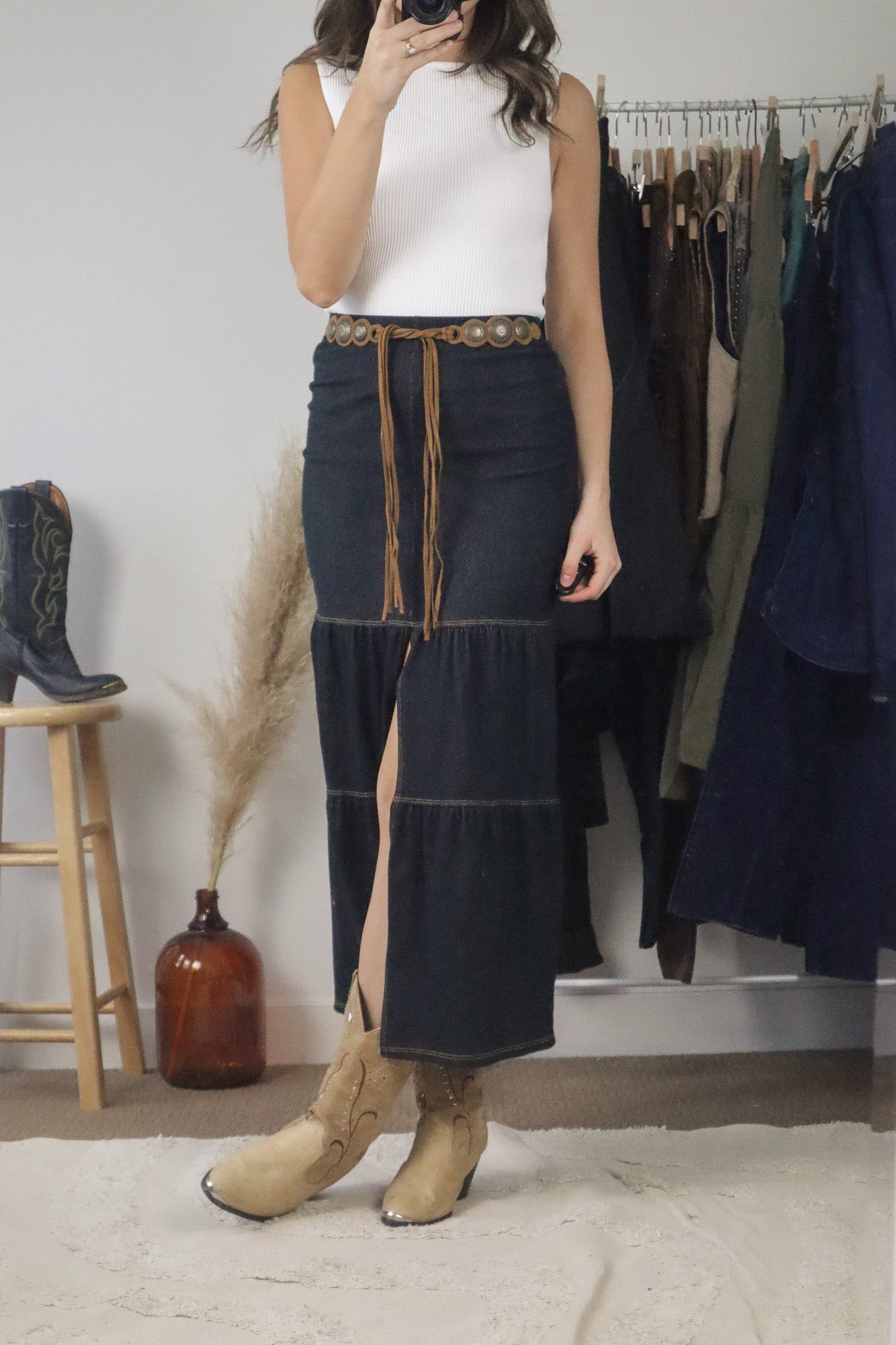 Made in USA x Vintage x Denim Belted Skirt (XS)