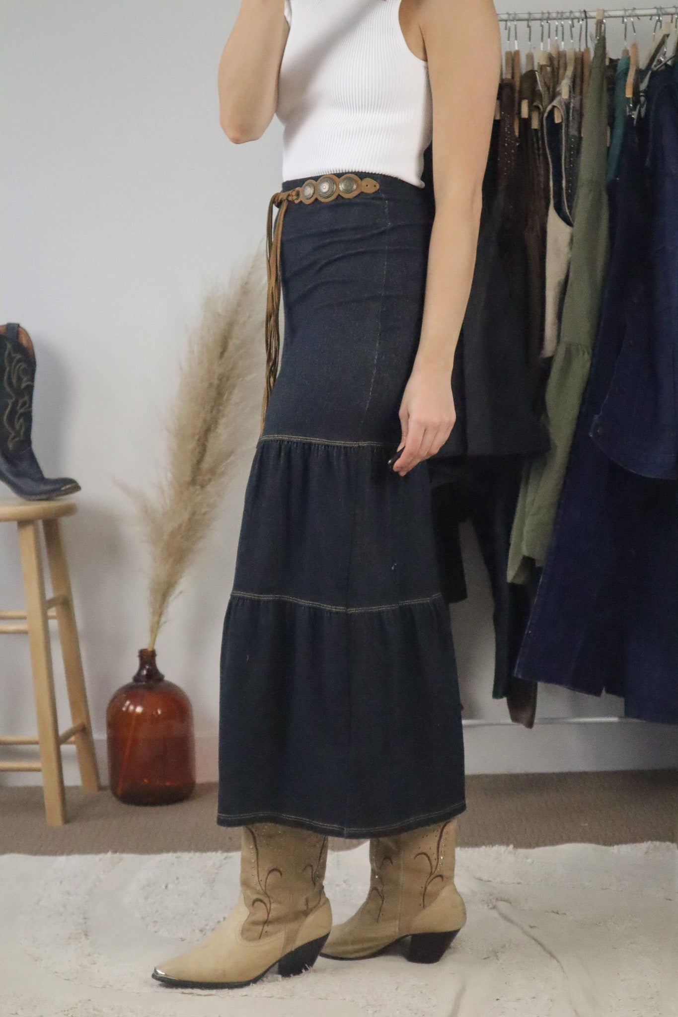 Made in USA x Vintage x Denim Belted Skirt (XS)