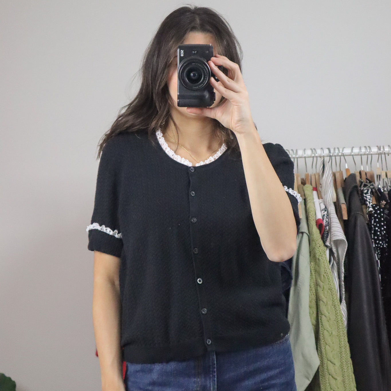 Vintage x Lace Trim Short-Sleeve Knit (L)