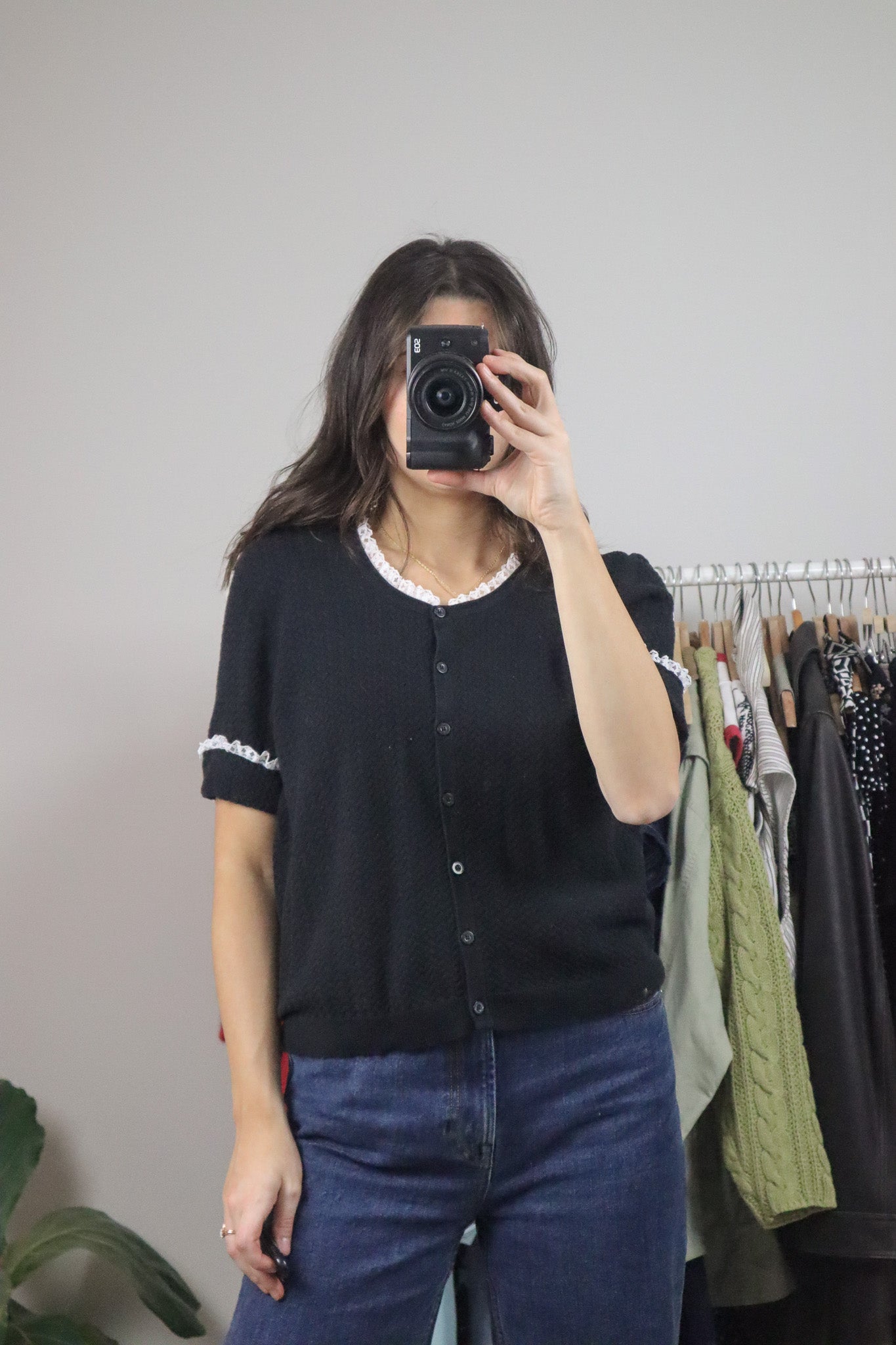 Vintage x Lace Trim Short-Sleeve Knit (L)