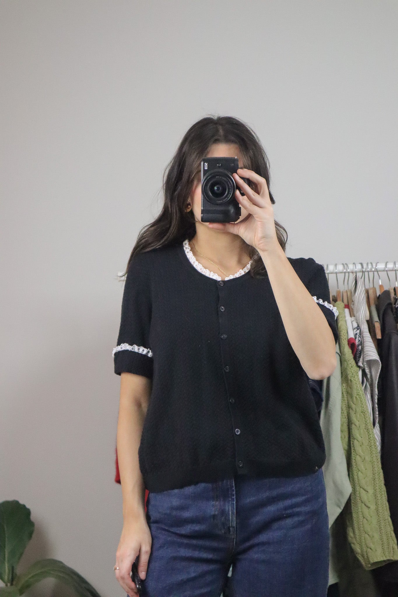 Vintage x Lace Trim Short-Sleeve Knit (L)