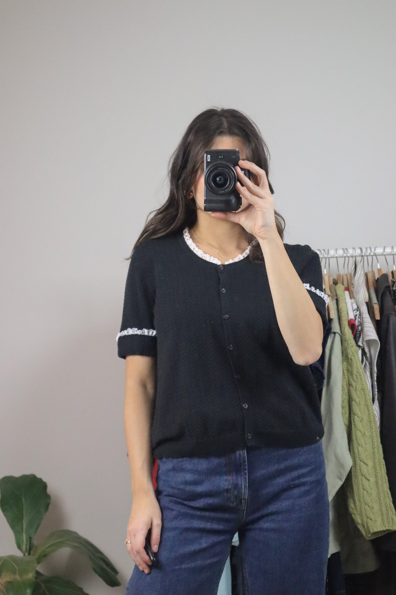 Vintage x Lace Trim Short-Sleeve Knit (L)