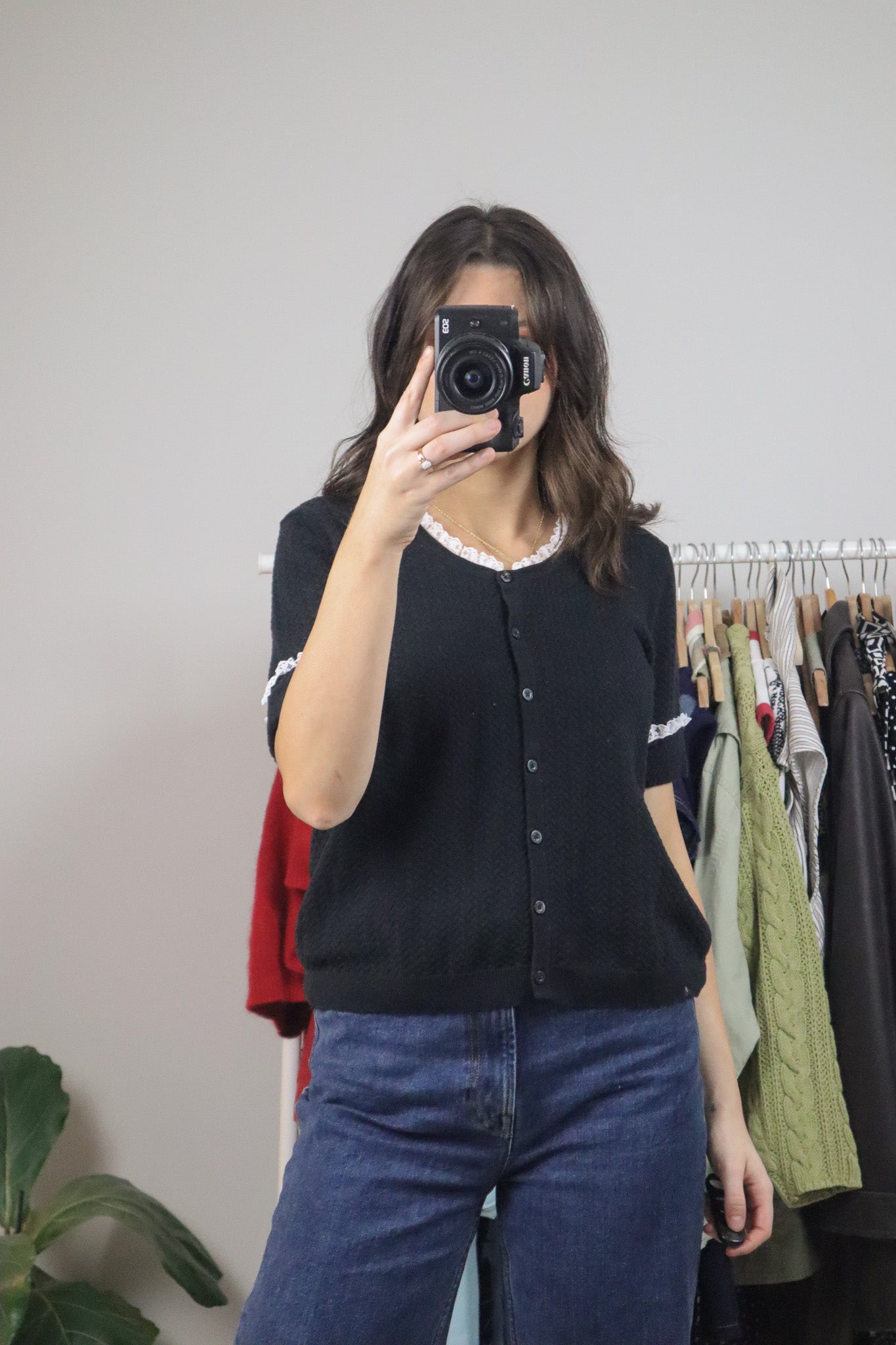 Vintage x Lace Trim Short-Sleeve Knit (L)