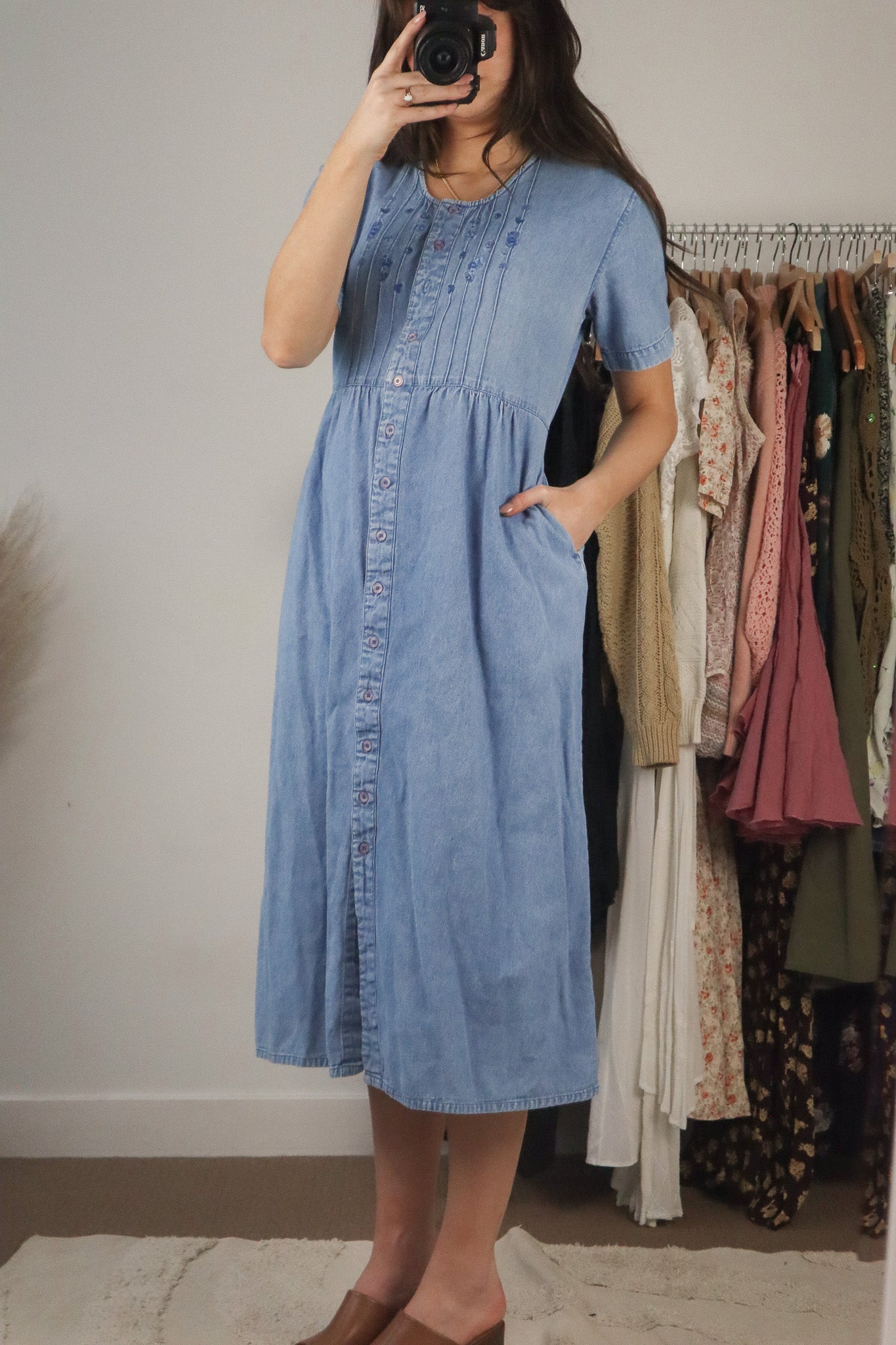 Vintage x Embroidered Denim Midi Dress (M)