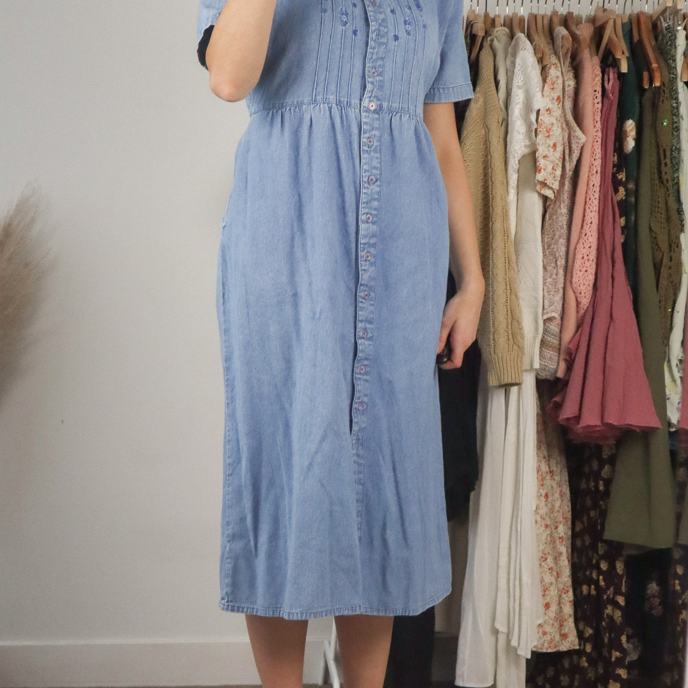 Vintage x Embroidered Denim Midi Dress (M)