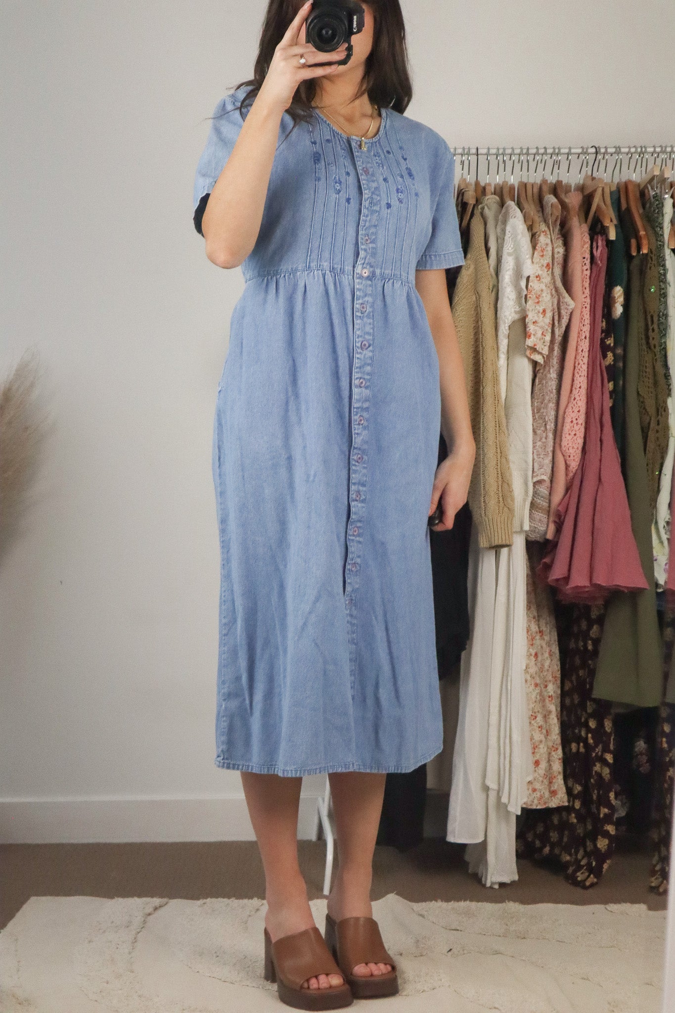 Vintage x Embroidered Denim Midi Dress (M)