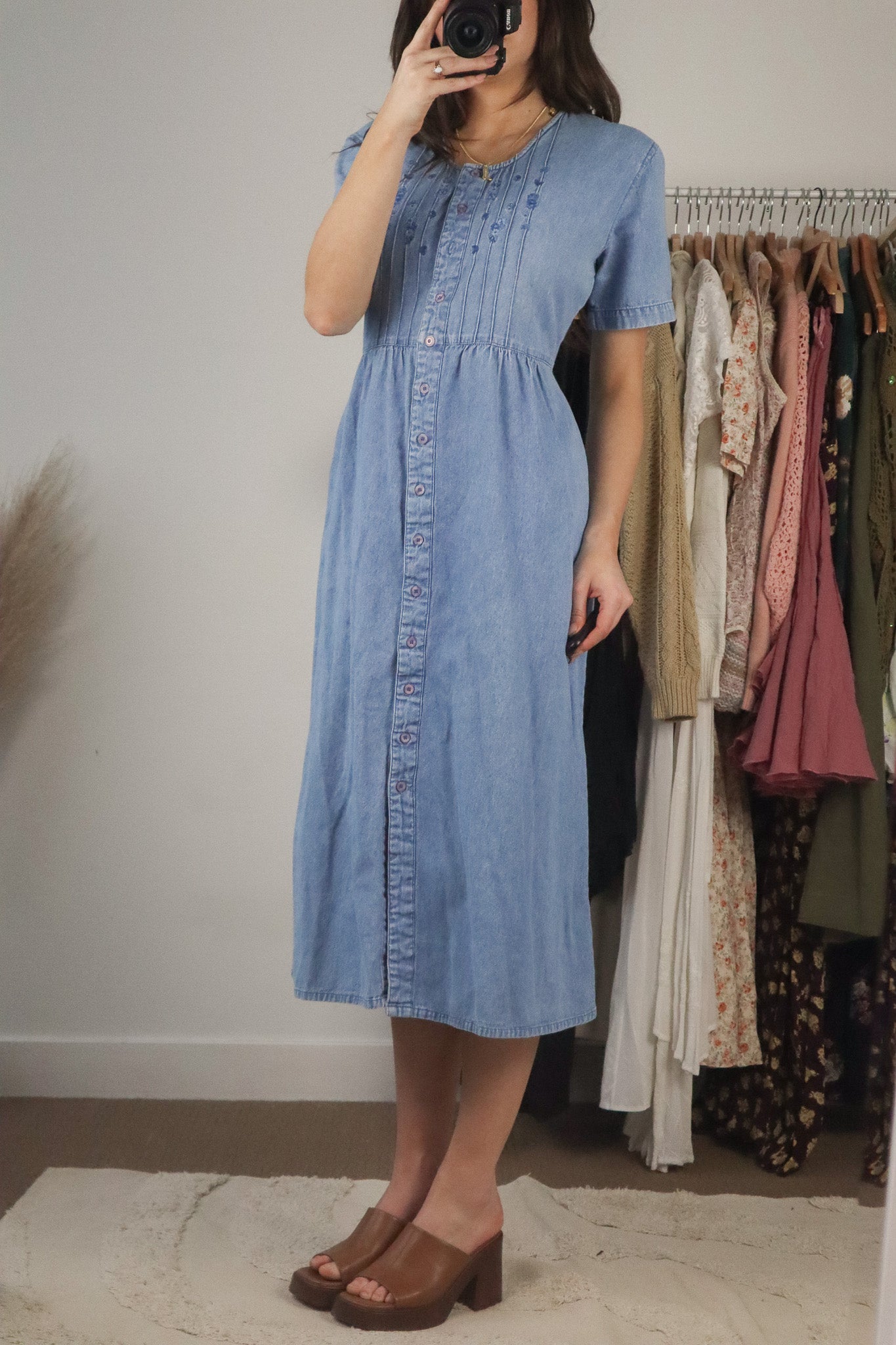 Vintage x Embroidered Denim Midi Dress (M)