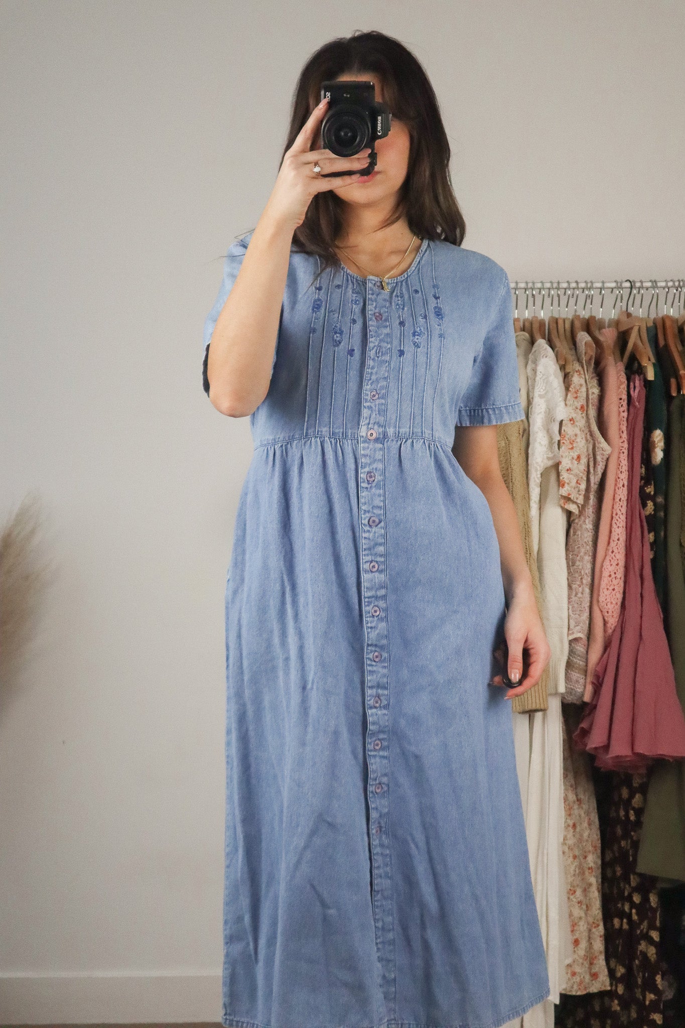 Vintage x Embroidered Denim Midi Dress (M)