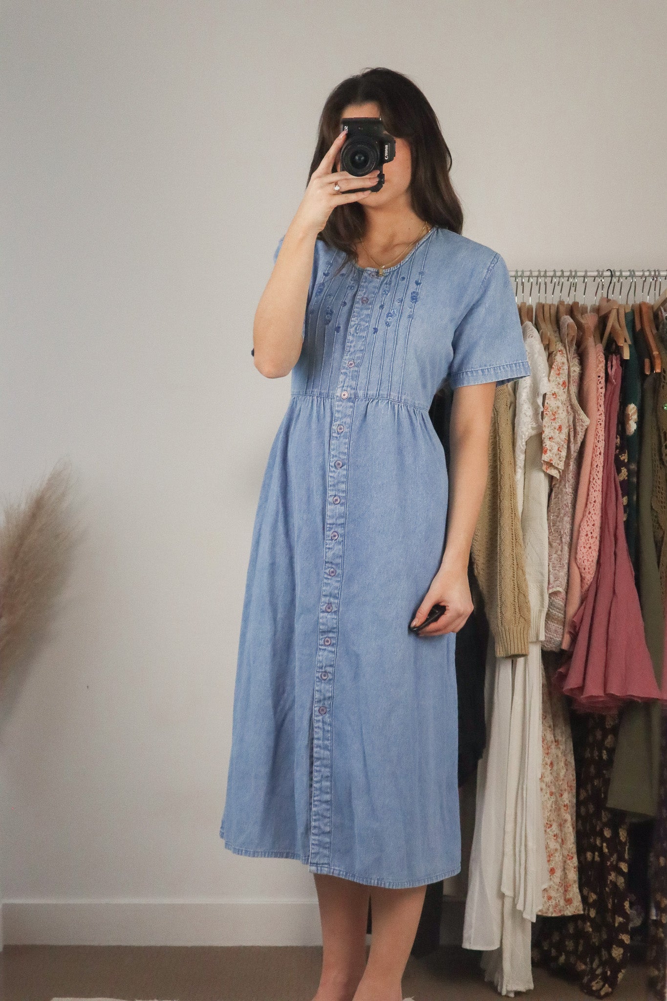 Vintage x Embroidered Denim Midi Dress (M)