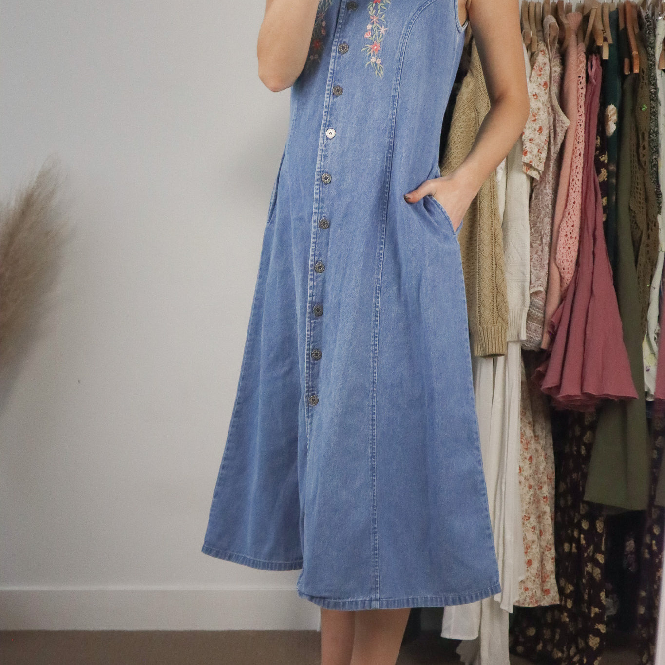 Vintage x Embroidered Denim Midi Dress (6)
