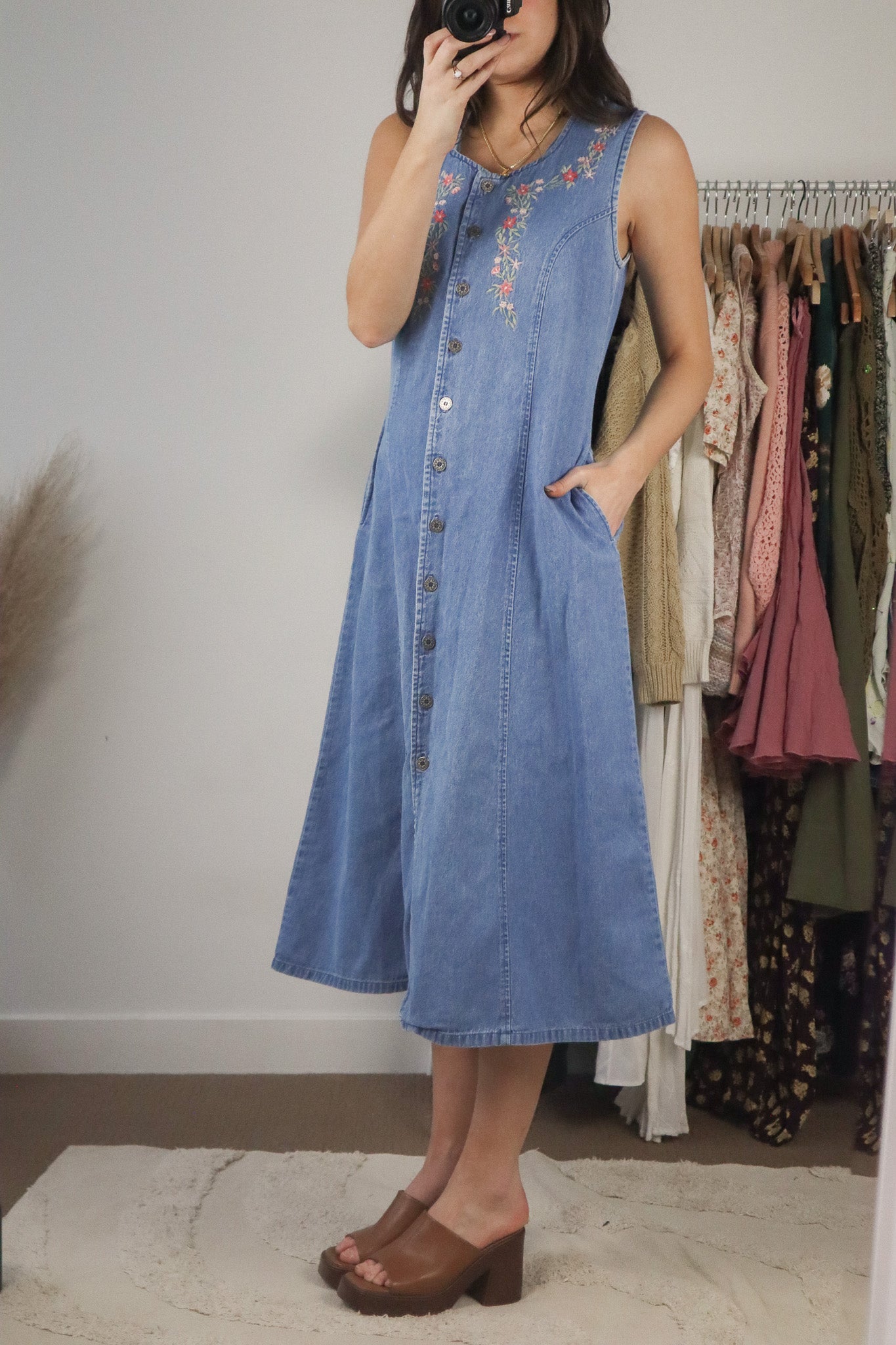 Vintage x Embroidered Denim Midi Dress (6)