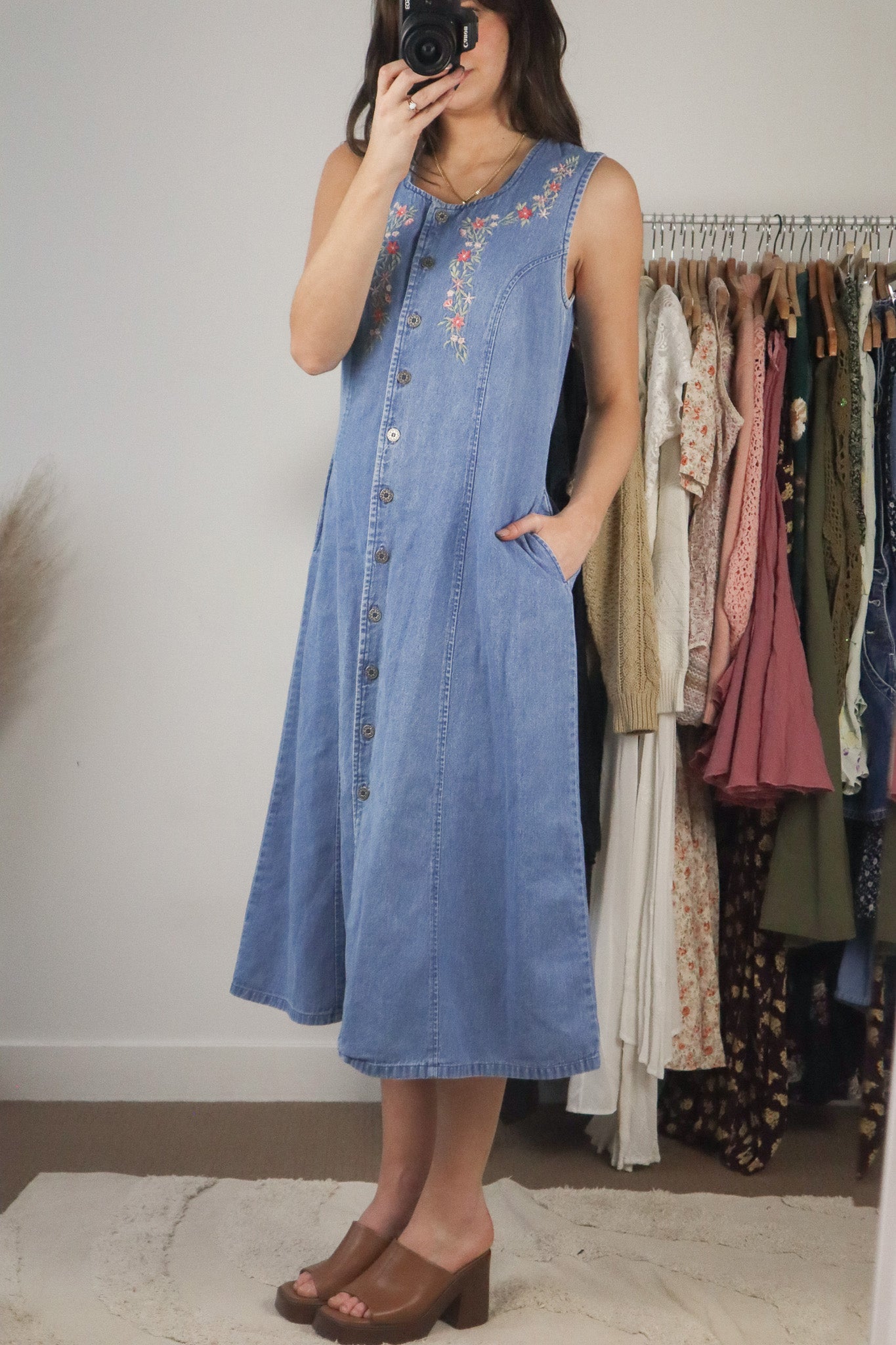 Vintage x Embroidered Denim Midi Dress (6)