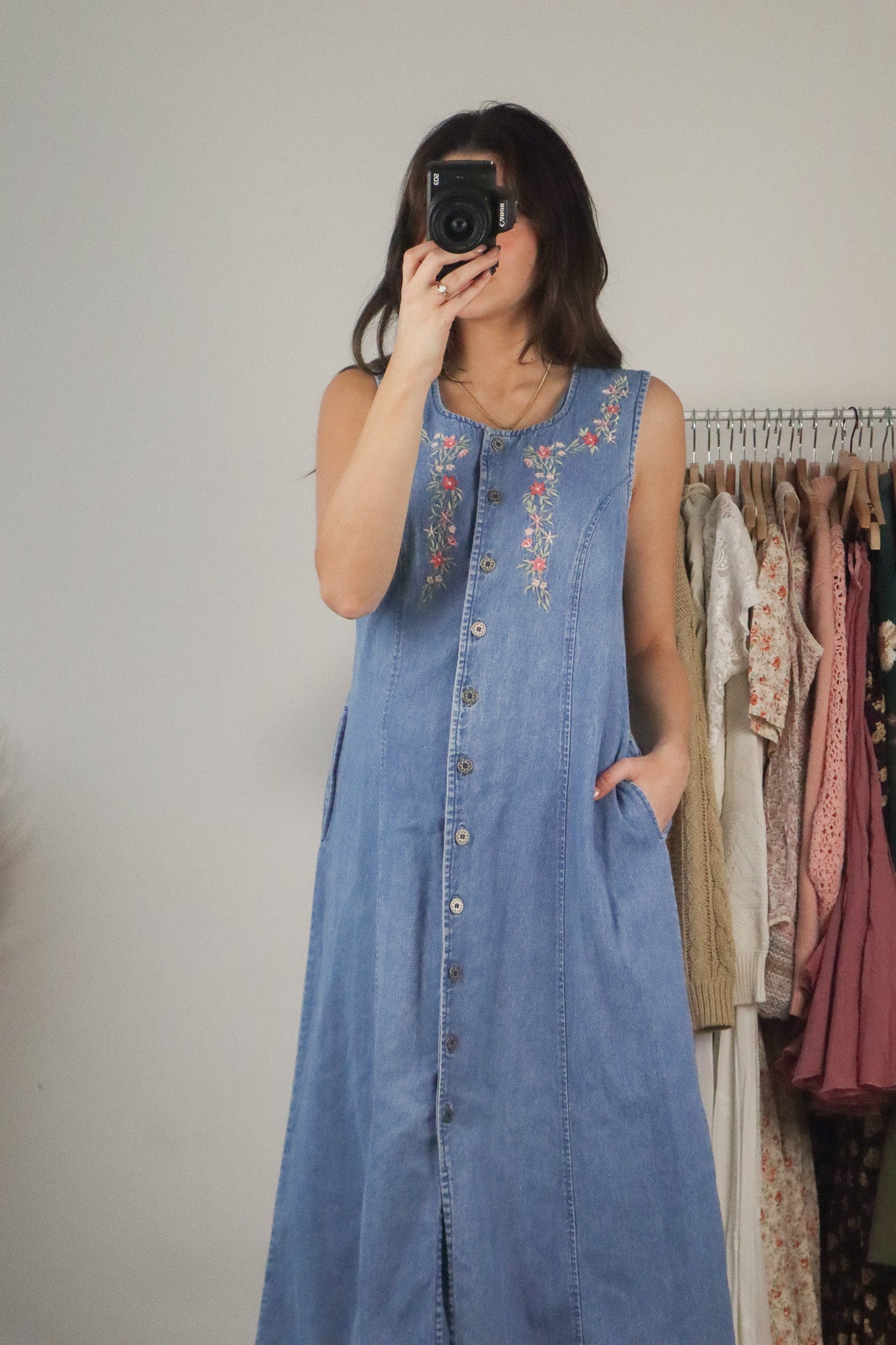 Vintage x Embroidered Denim Midi Dress (6)