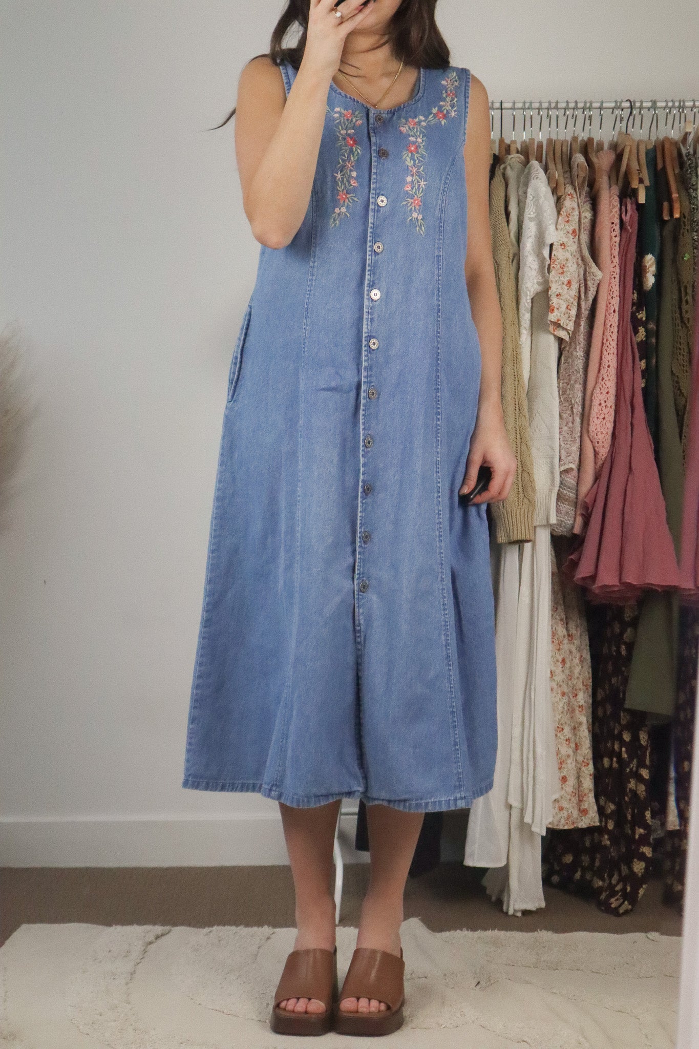 Vintage x Embroidered Denim Midi Dress (6)