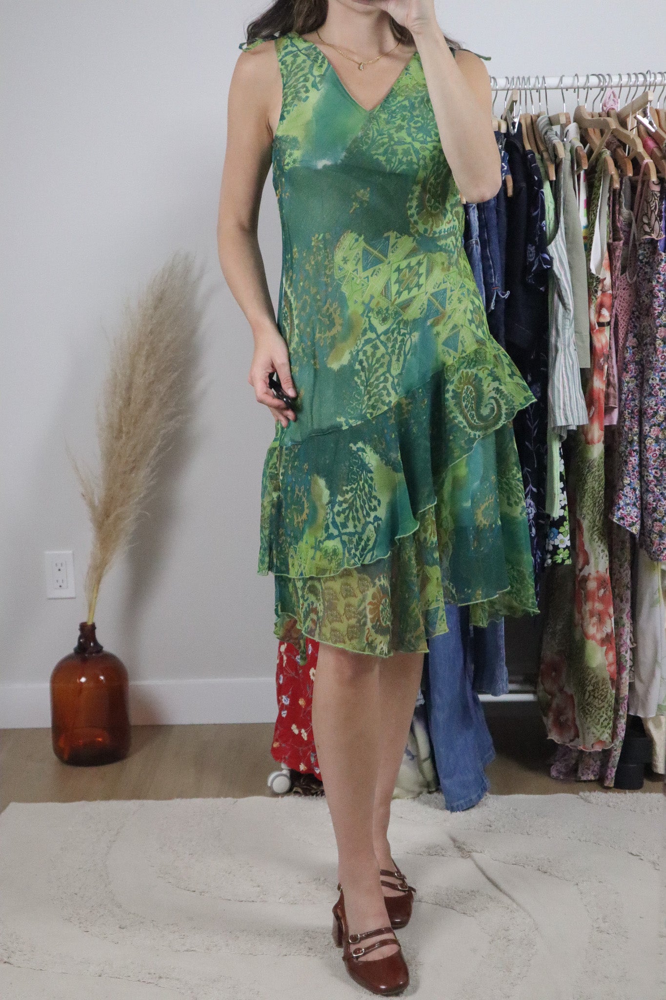 Vintage x Patterned Sequin/Beaded Midi Dress (S)