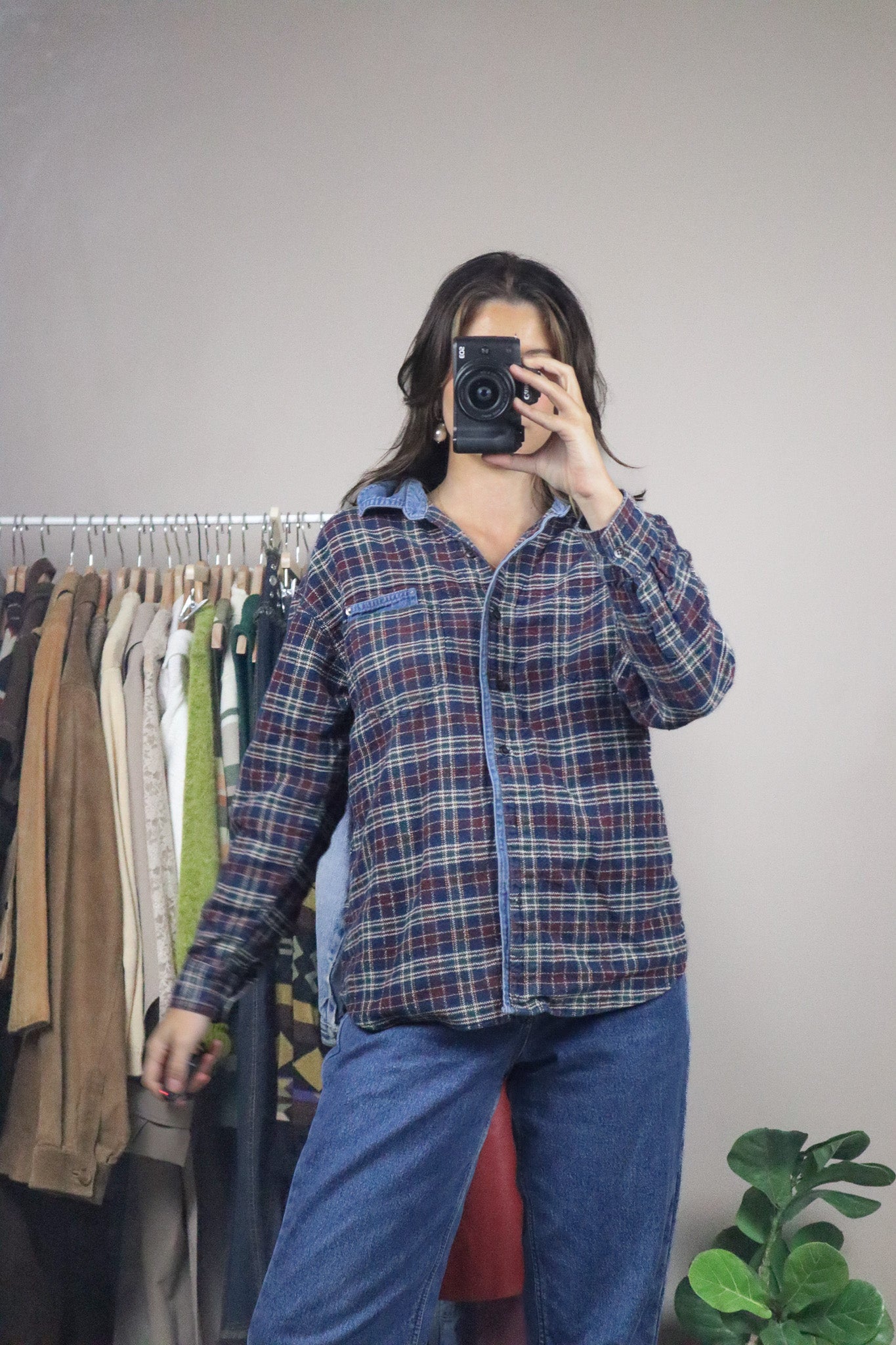 Vintage x Plaid & Denim Button Up (S/M)
