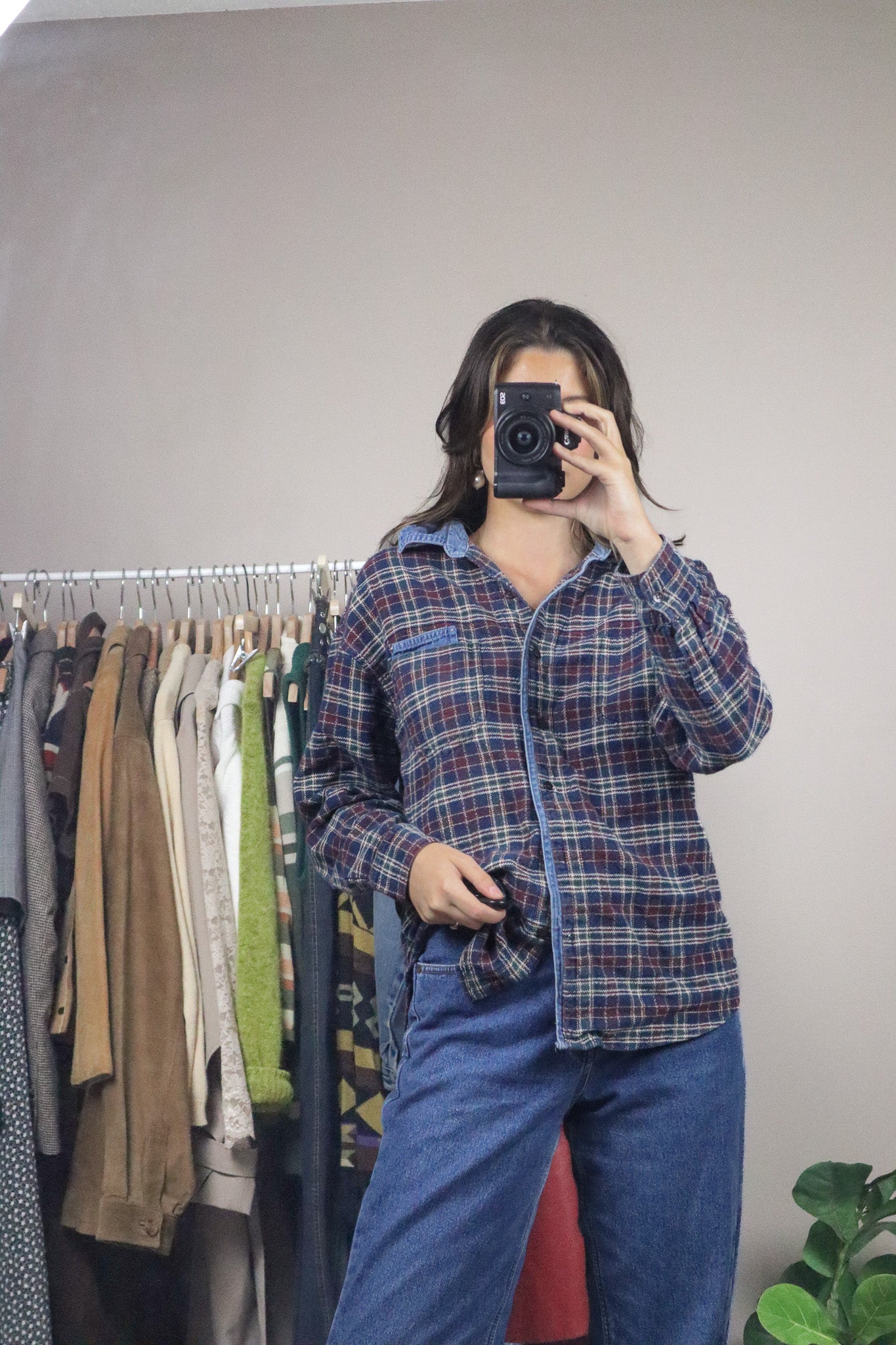 Vintage x Plaid & Denim Button Up (S/M)
