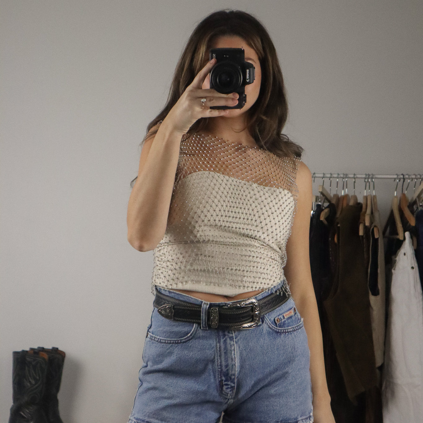 Modern x Sheer/Mesh Rhinestone Top (S)