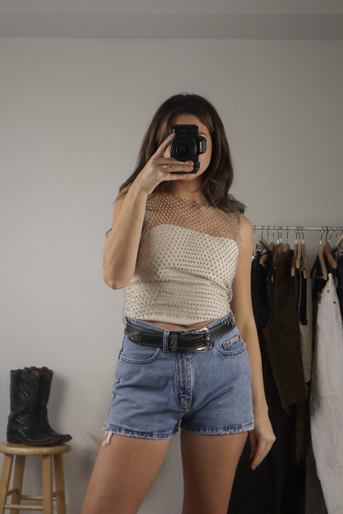 Modern x Sheer/Mesh Rhinestone Top (S)