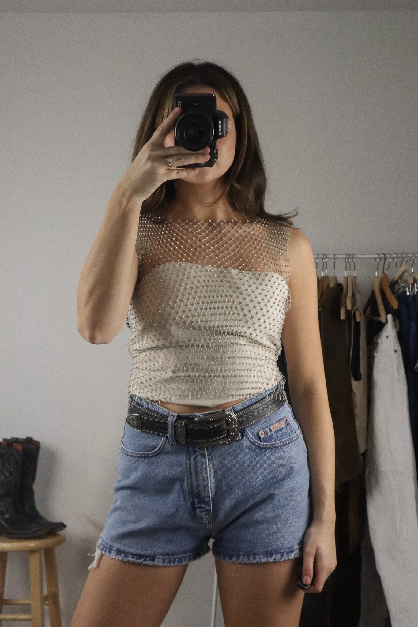 Modern x Sheer/Mesh Rhinestone Top (S)
