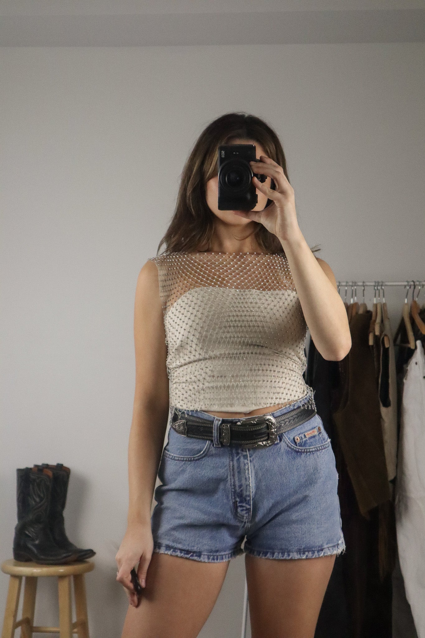Modern x Sheer/Mesh Rhinestone Top (S)
