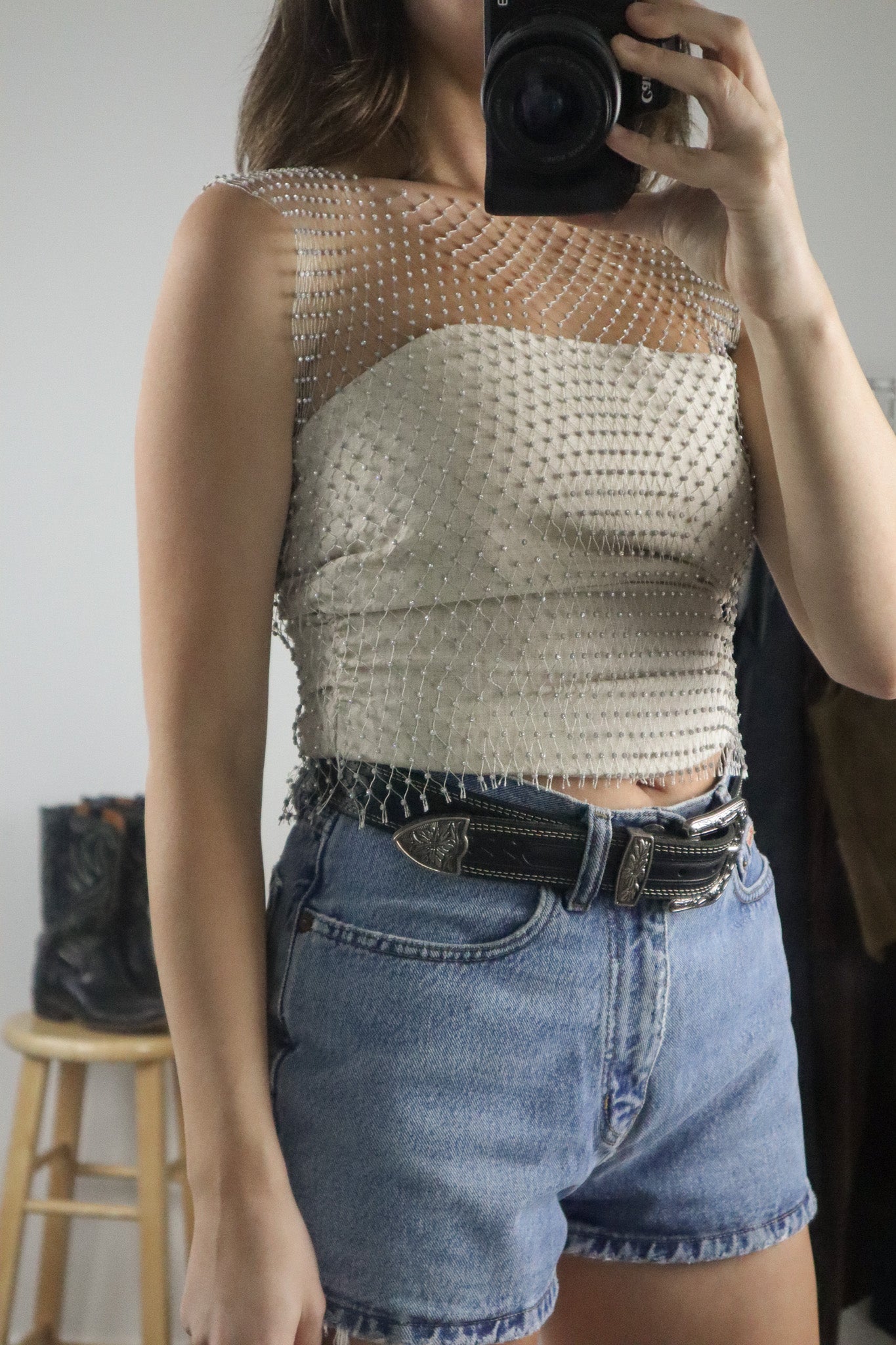 Modern x Sheer/Mesh Rhinestone Top (S)