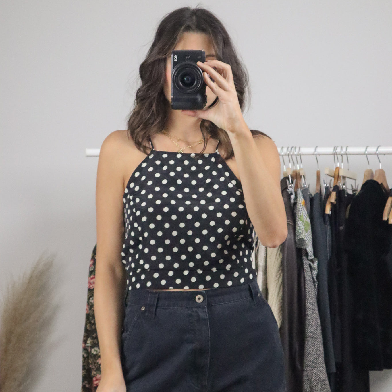 Made in USA x Vintage x Cropped Polkadot Open Back Tank (M)
