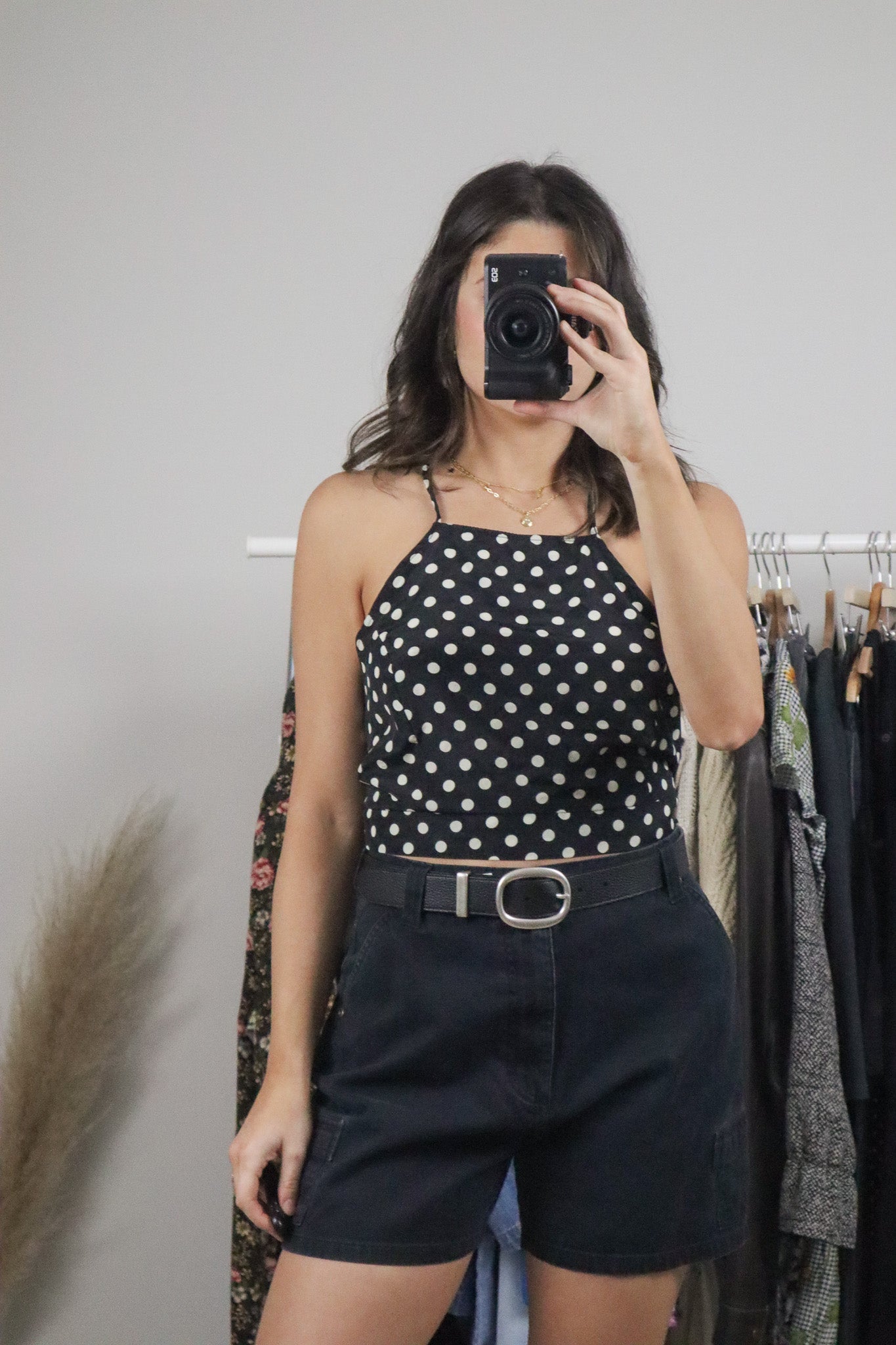Made in USA x Vintage x Cropped Polkadot Open Back Tank (M)