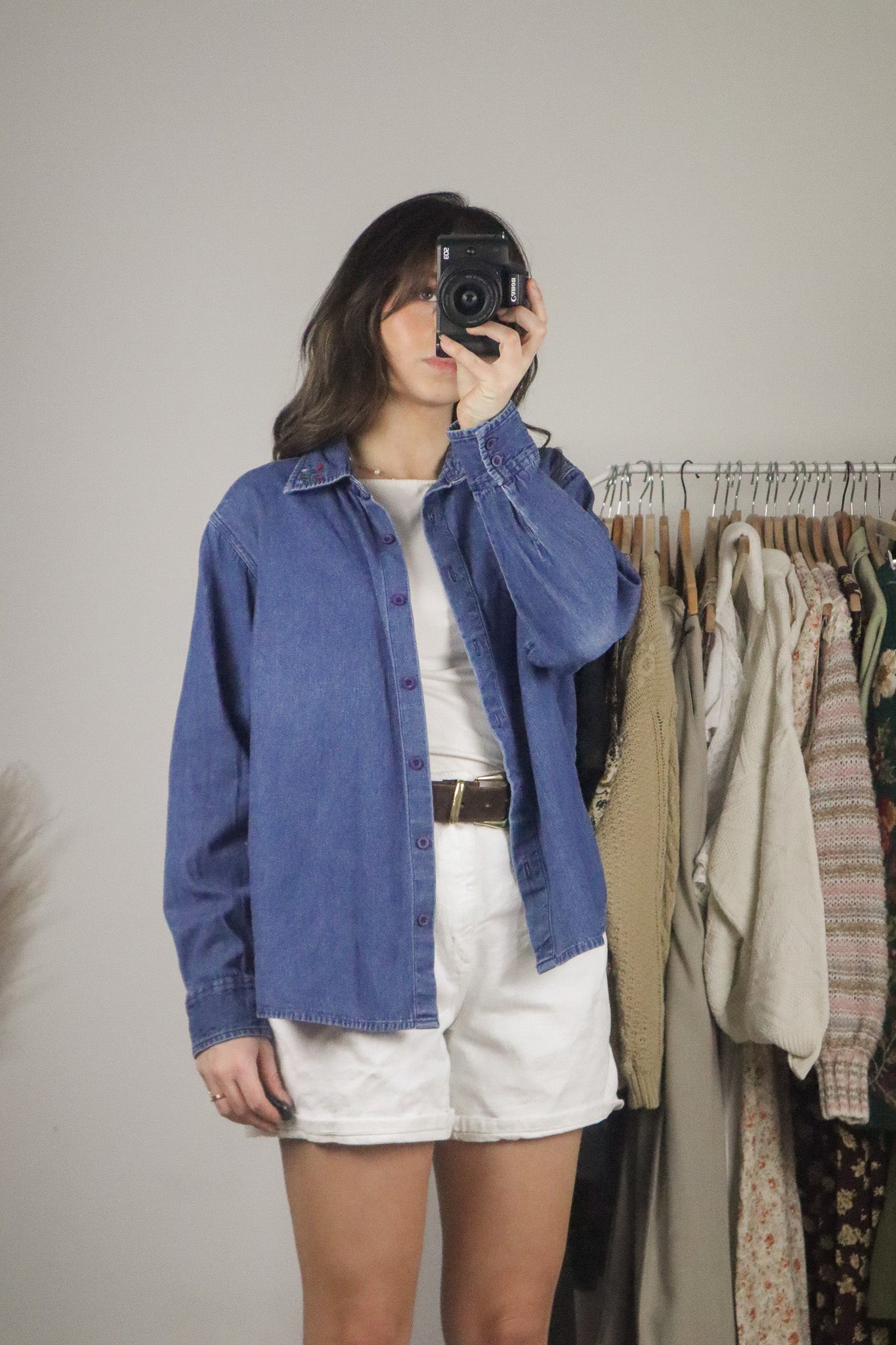 Vintage x Denim Embroidered Button Up (S/M)