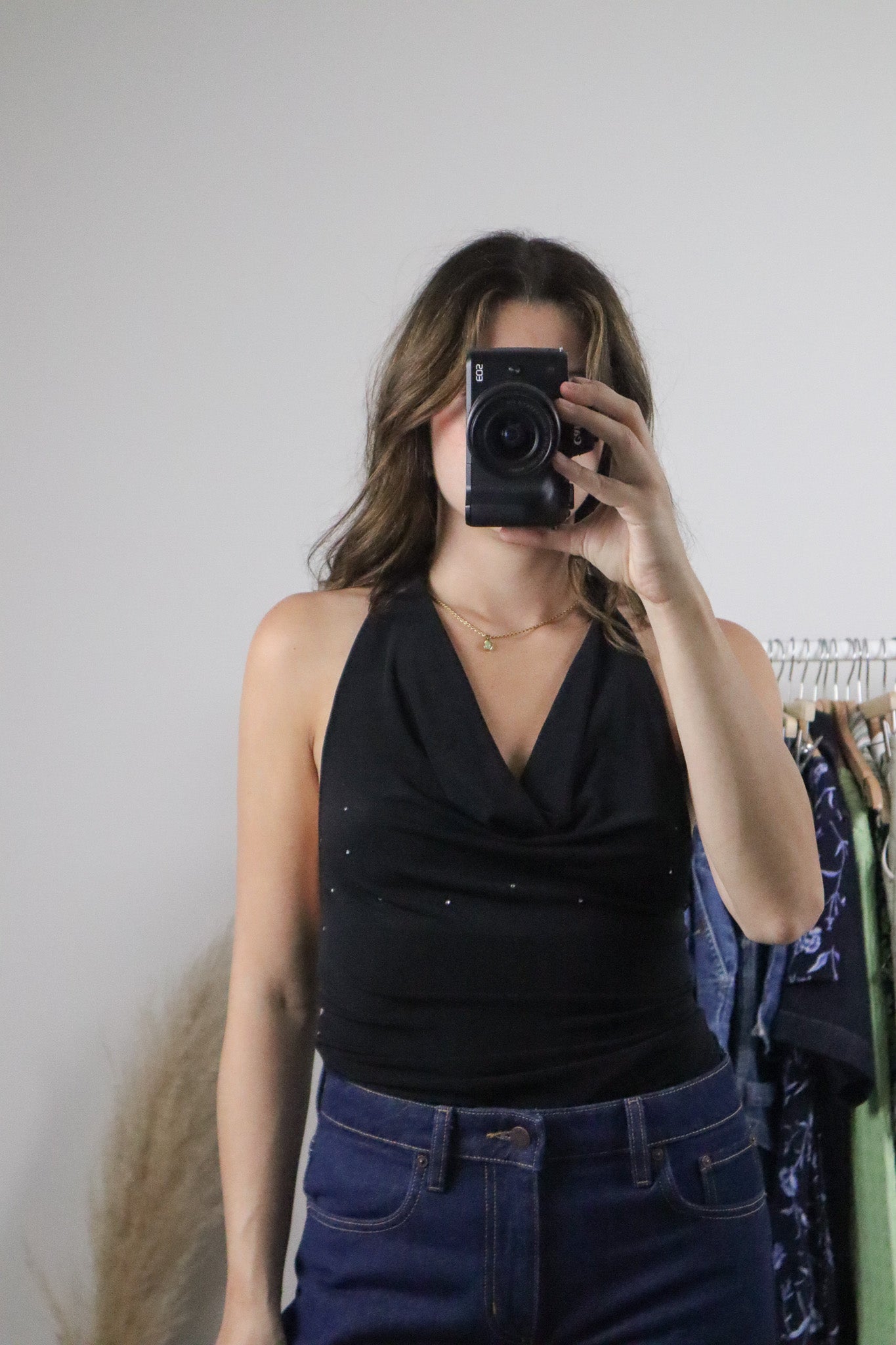 Made in Canada x Vintage x Rhinestone Halter Cowl Neck Tank (S)