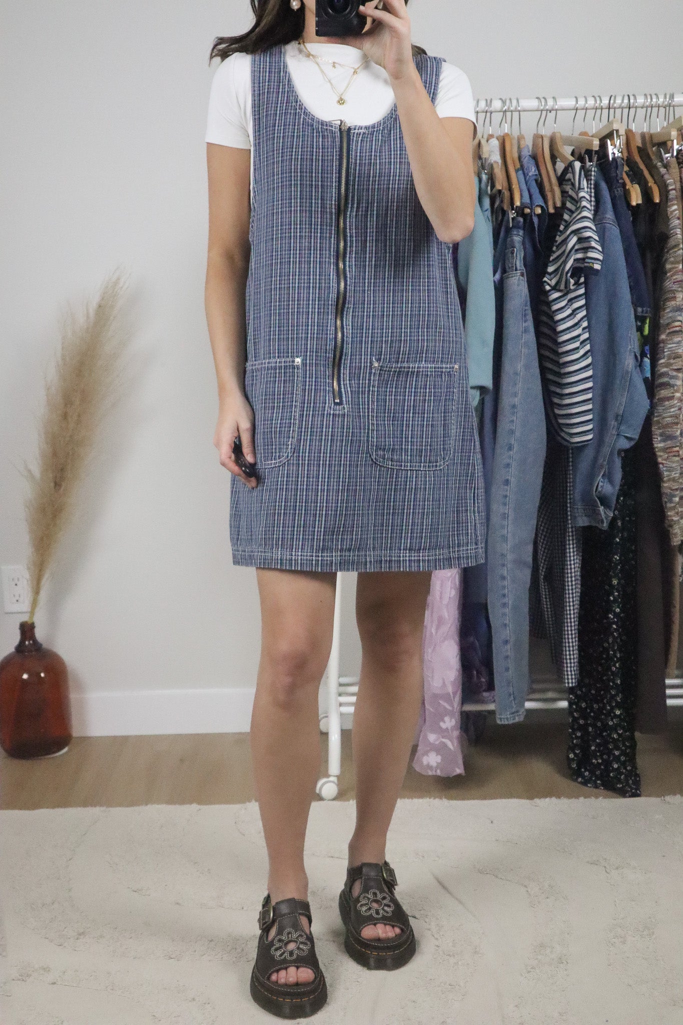 Vintage x Cotton Plaid Overall Dress (M)