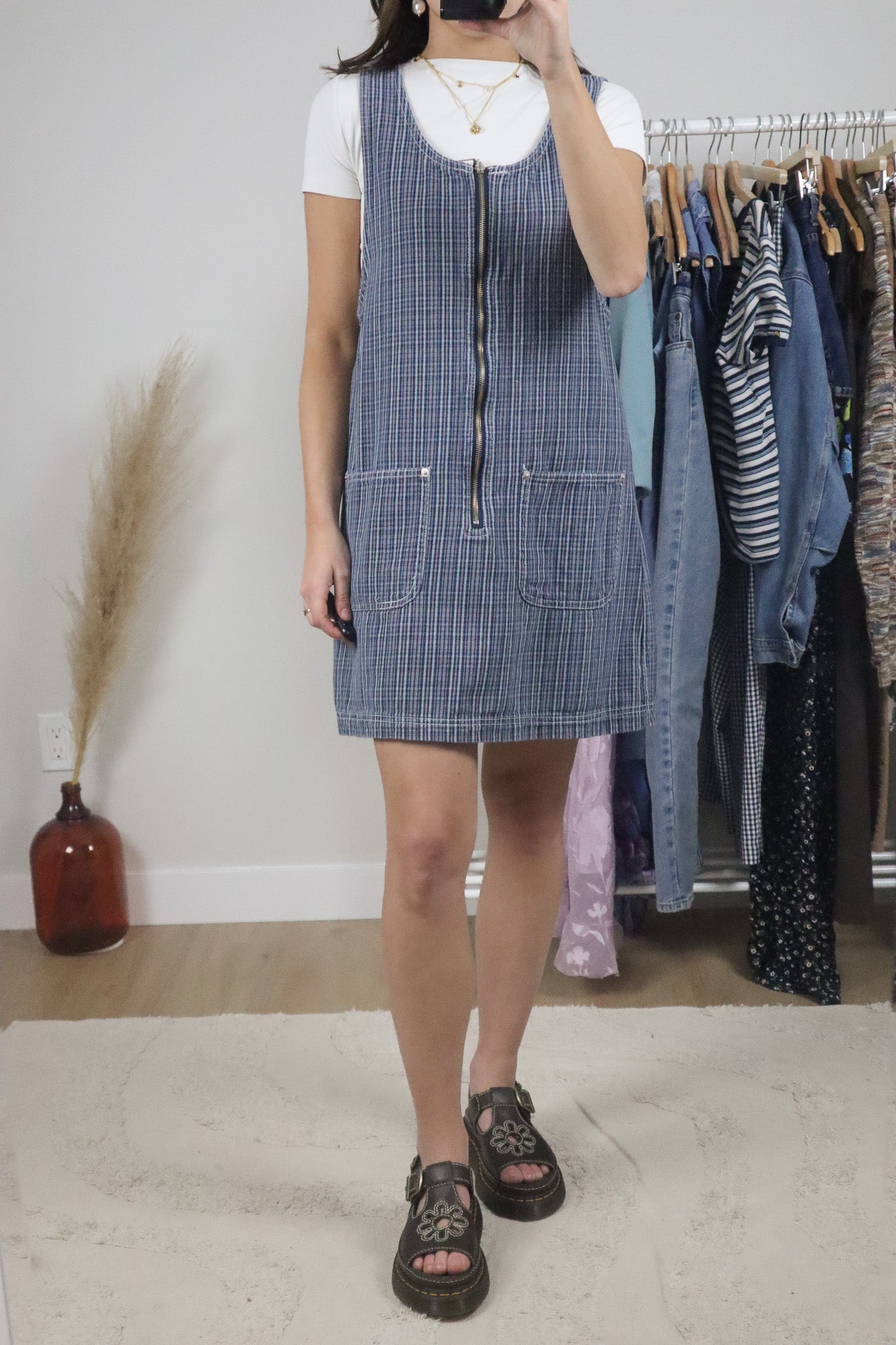 Vintage x Cotton Plaid Overall Dress (M)