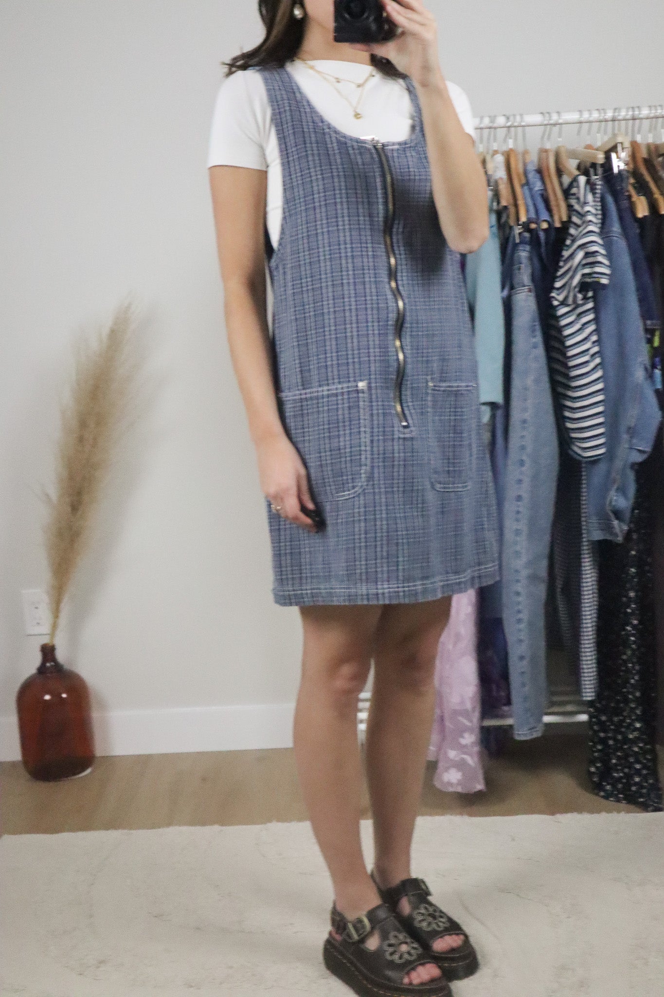 Vintage x Cotton Plaid Overall Dress (M)
