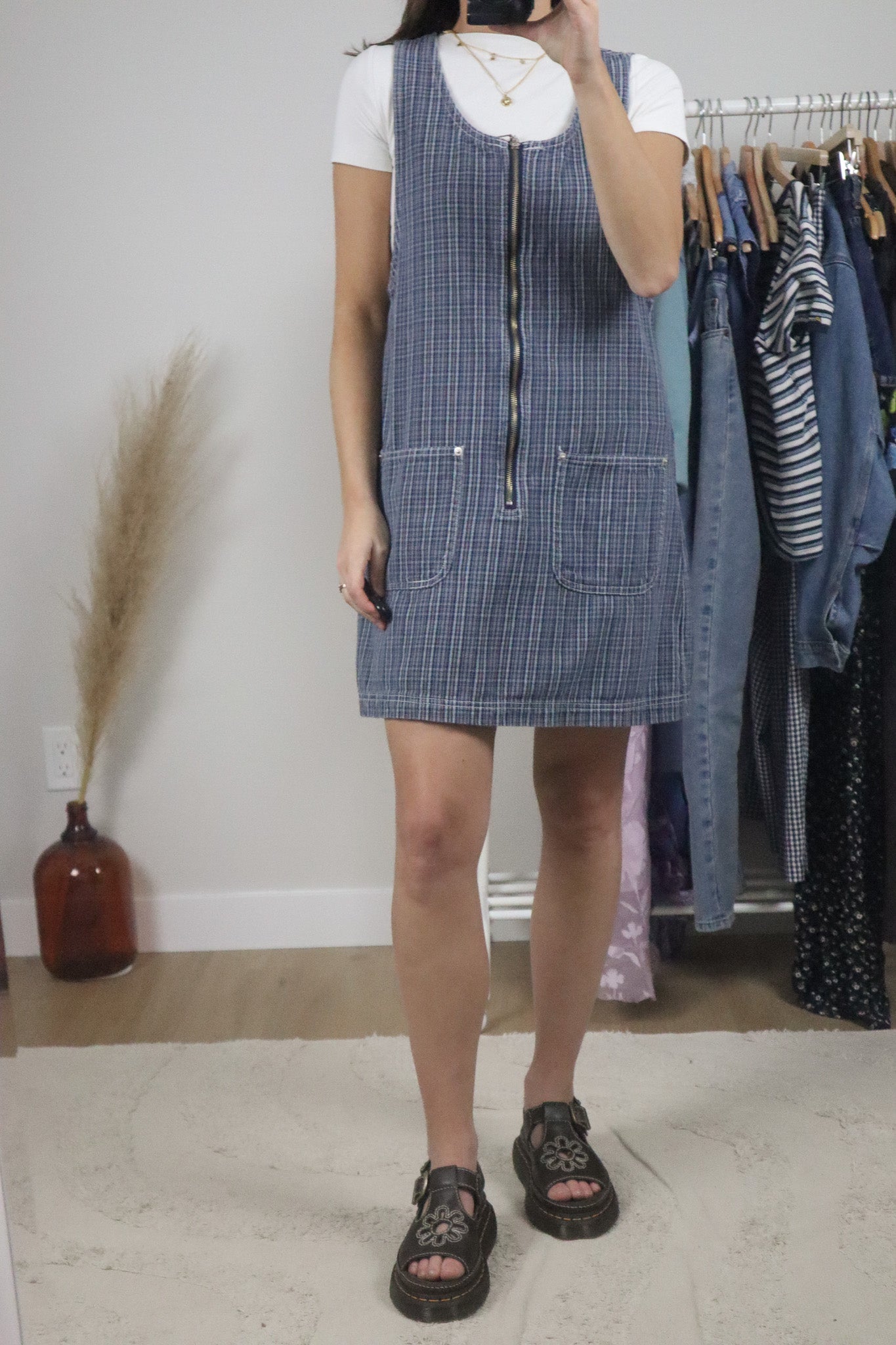 Vintage x Cotton Plaid Overall Dress (M)
