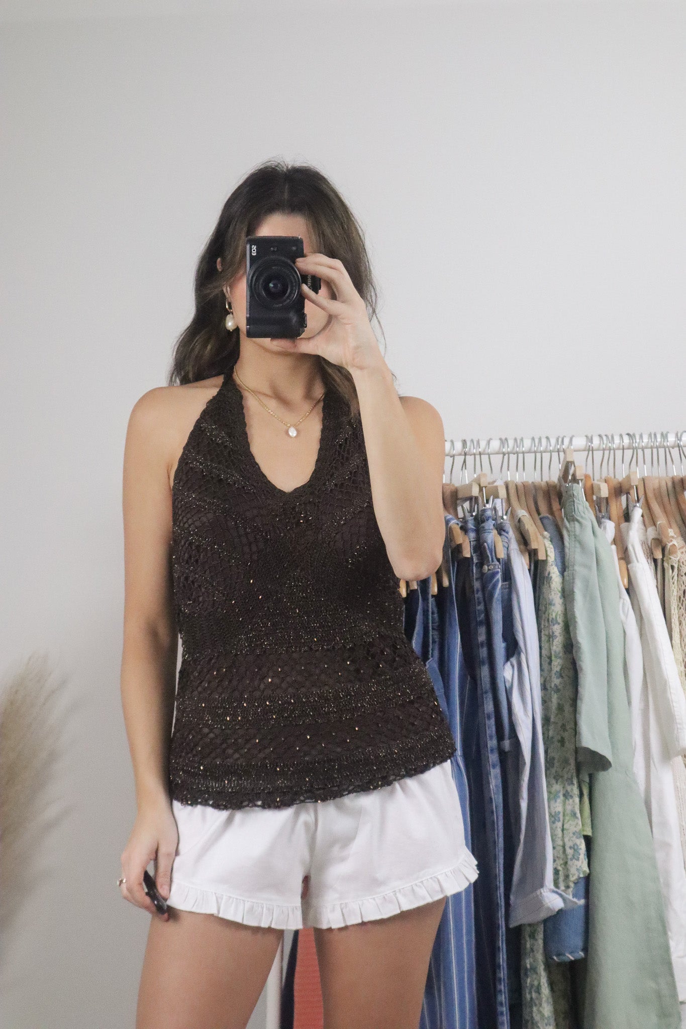 Vintage x Crochet Beaded Shimmer Halter Tank (M)