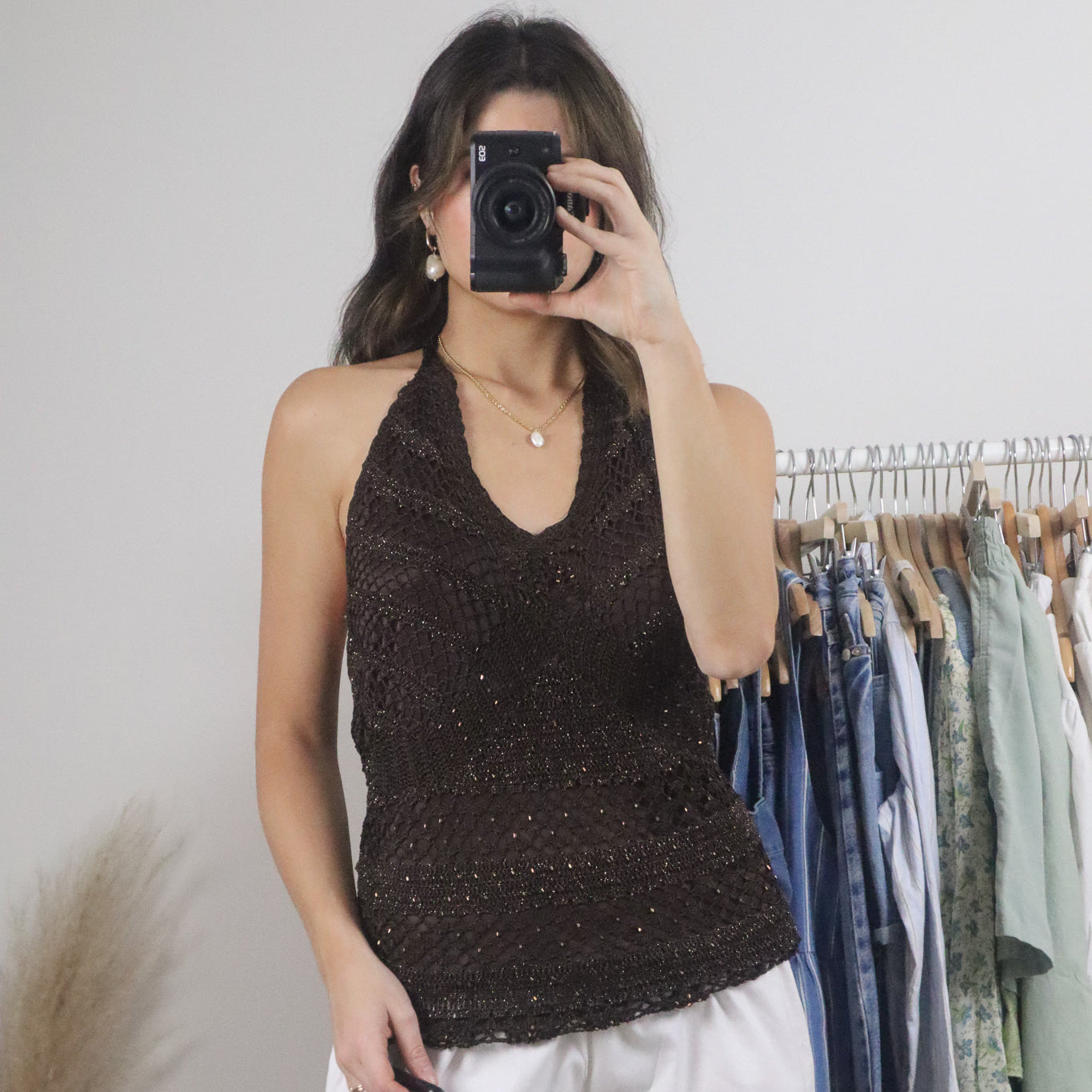 Vintage x Crochet Beaded Shimmer Halter Tank (M)