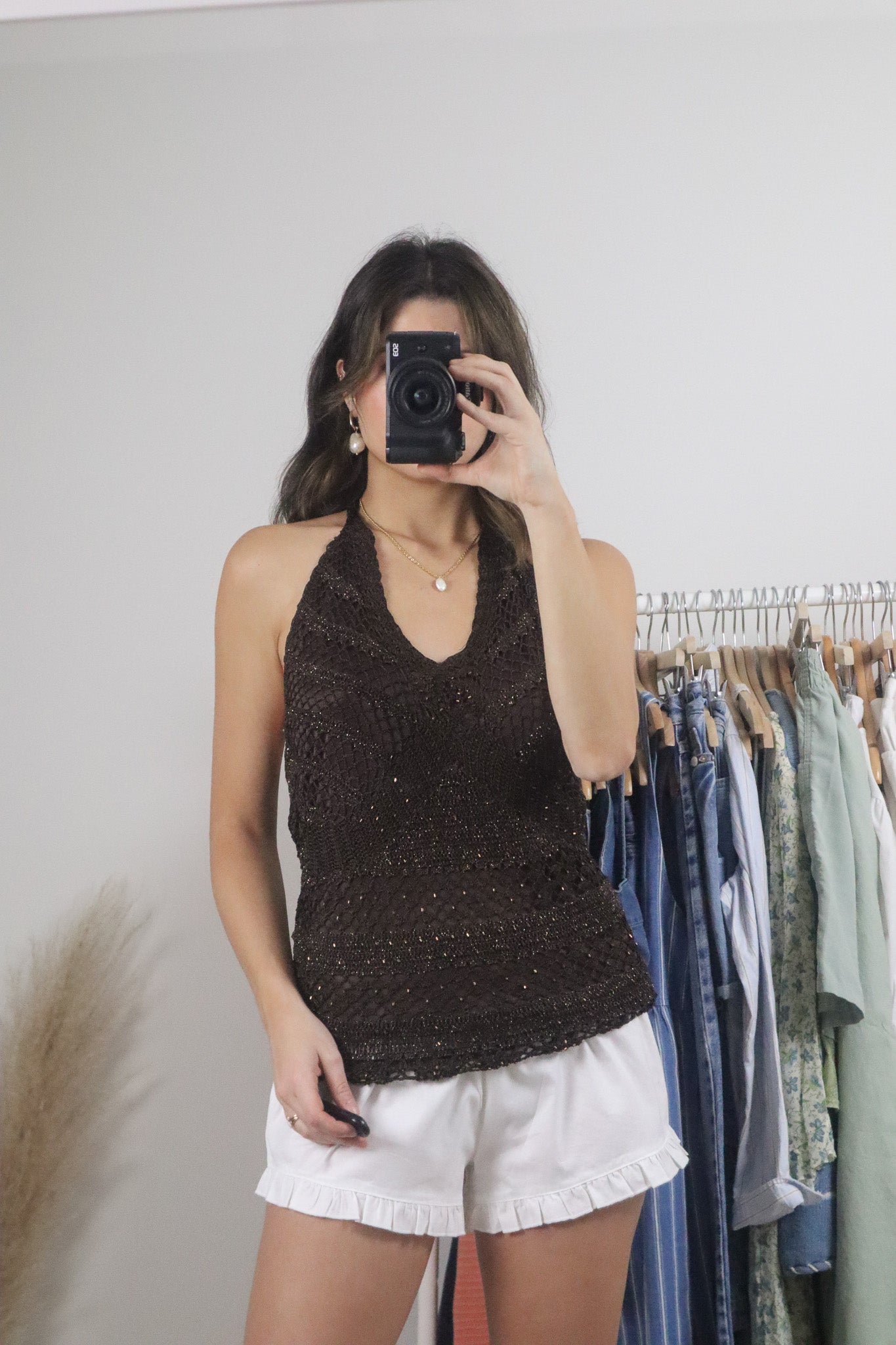 Vintage x Crochet Beaded Shimmer Halter Tank (M)