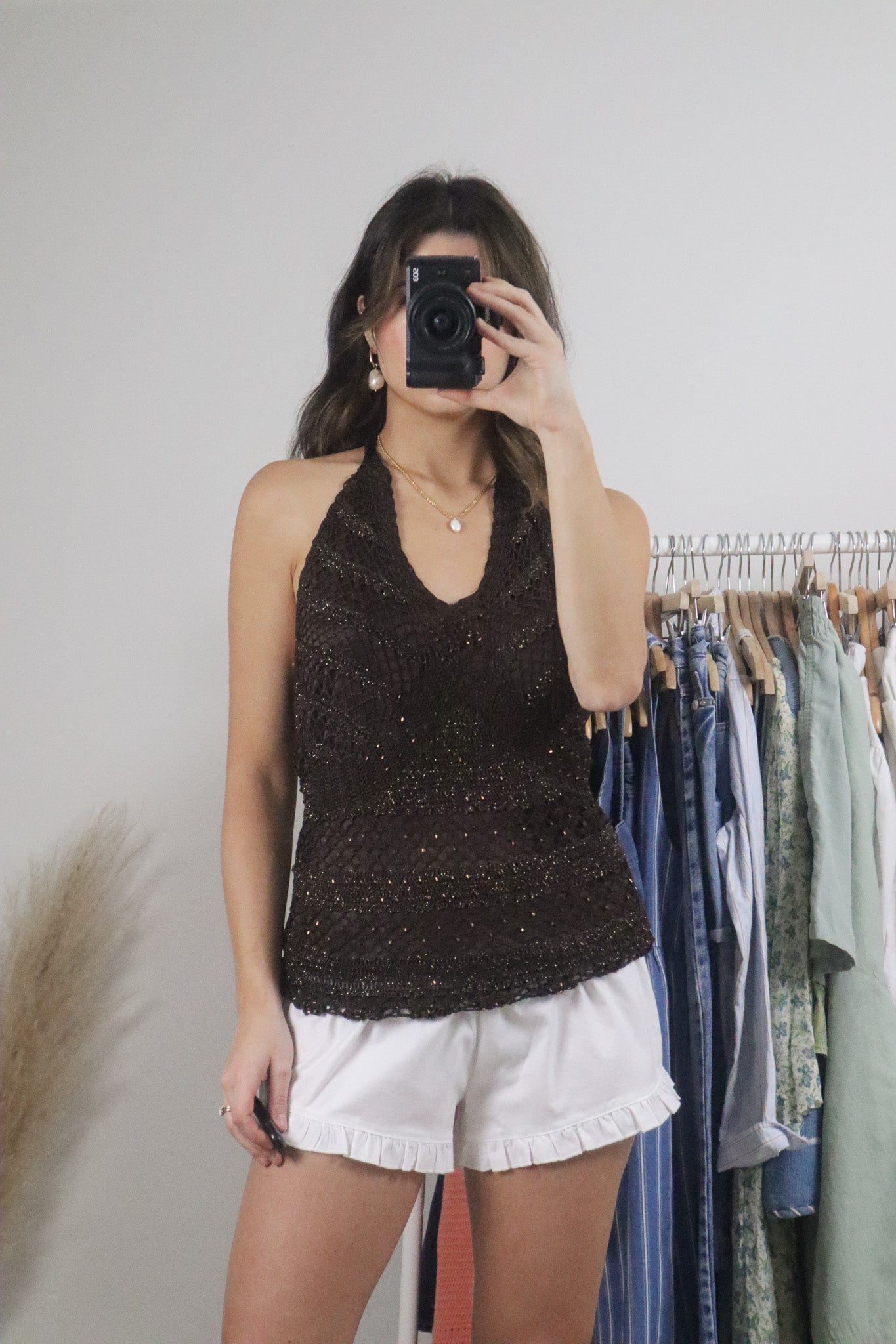 Vintage x Crochet Beaded Shimmer Halter Tank (M)